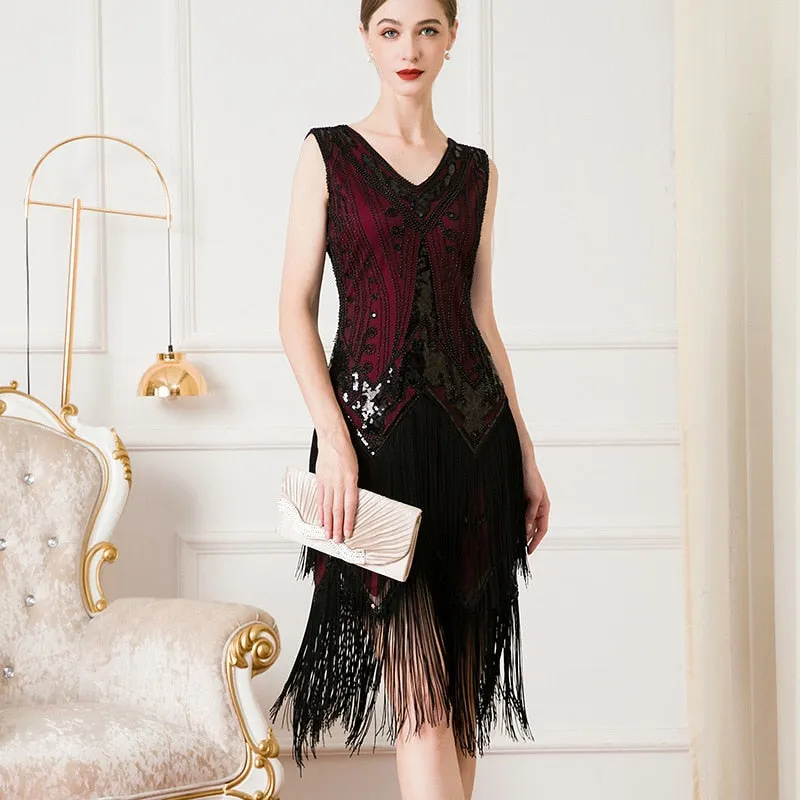 1920s Gatsby V-Neck Flapper Cocktail Dance Formal Evening Party Dress