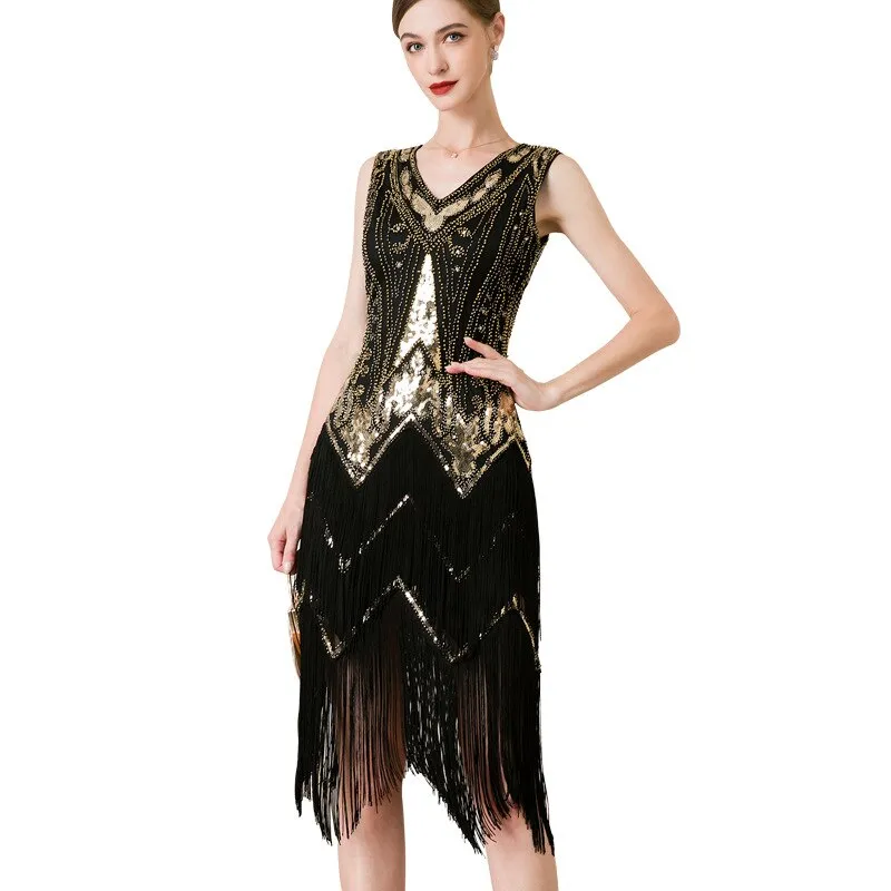 1920s Gatsby V-Neck Flapper Cocktail Dance Formal Evening Party Dress