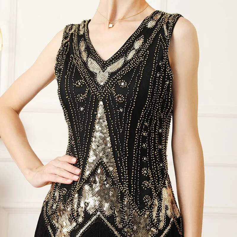 1920s Gatsby V-Neck Flapper Cocktail Dance Formal Evening Party Dress