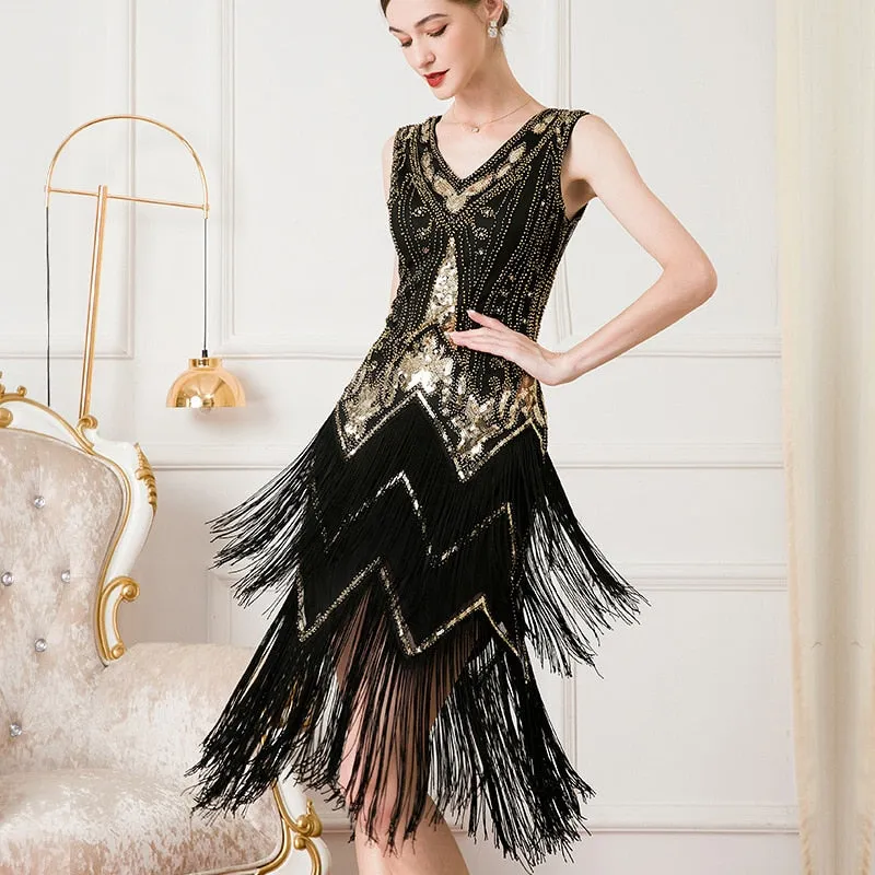 1920s Gatsby V-Neck Flapper Cocktail Dance Formal Evening Party Dress