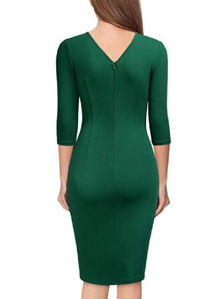 Amy Fashion - Elegant Office Formal Long Sleeves V-tie Belt Slim Dress