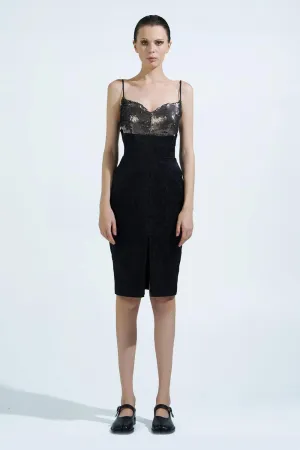Annalise Bodycon Front Slit Brocade Silk Knee-length Dress