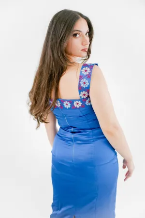 Bana - Hand-Embroidered Blue Satin Evening Dress