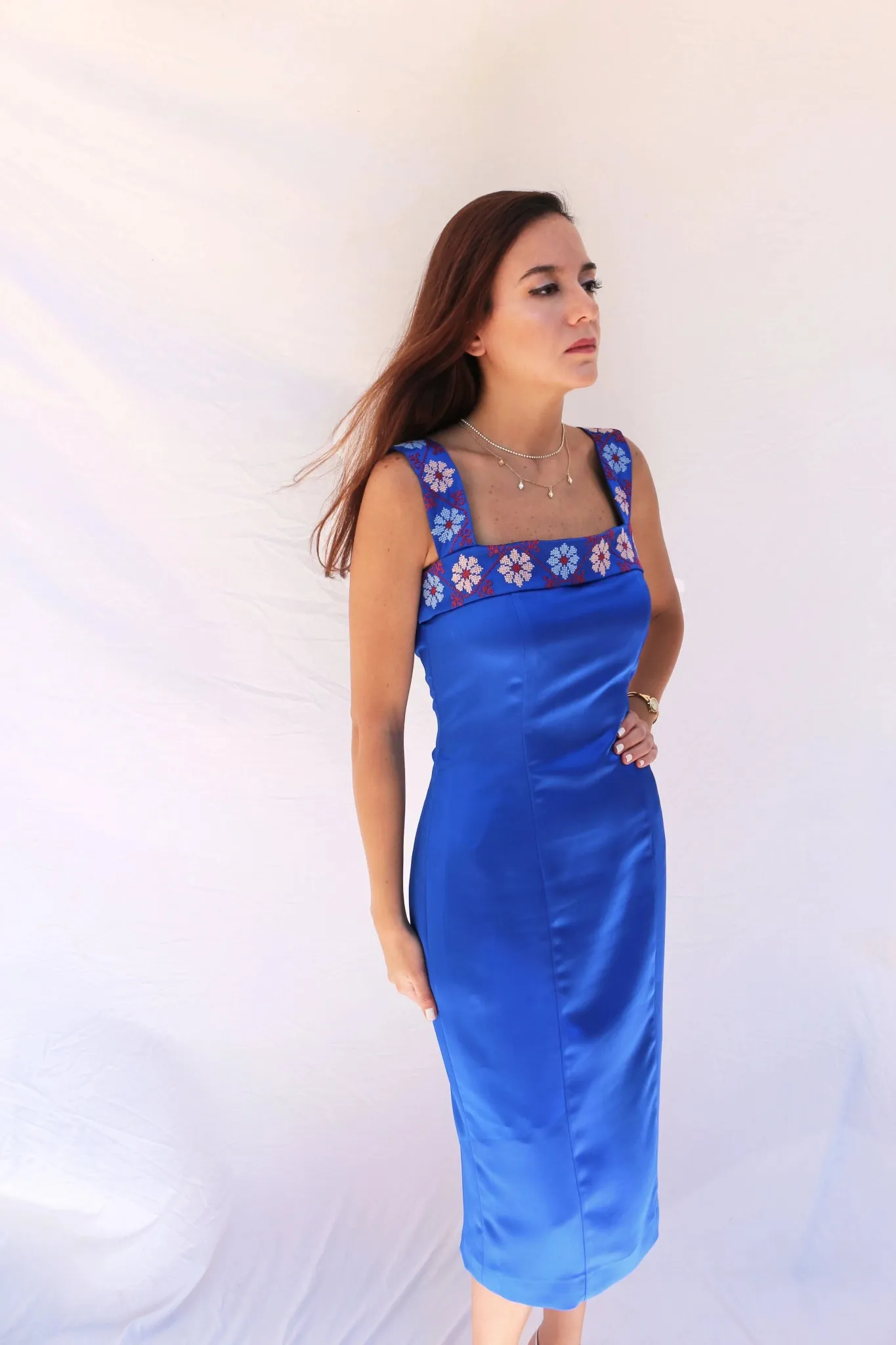Bana - Hand-Embroidered Blue Satin Evening Dress