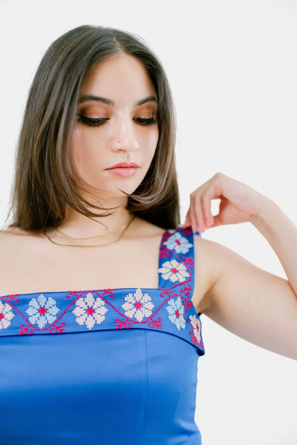 Bana - Hand-Embroidered Blue Satin Evening Dress