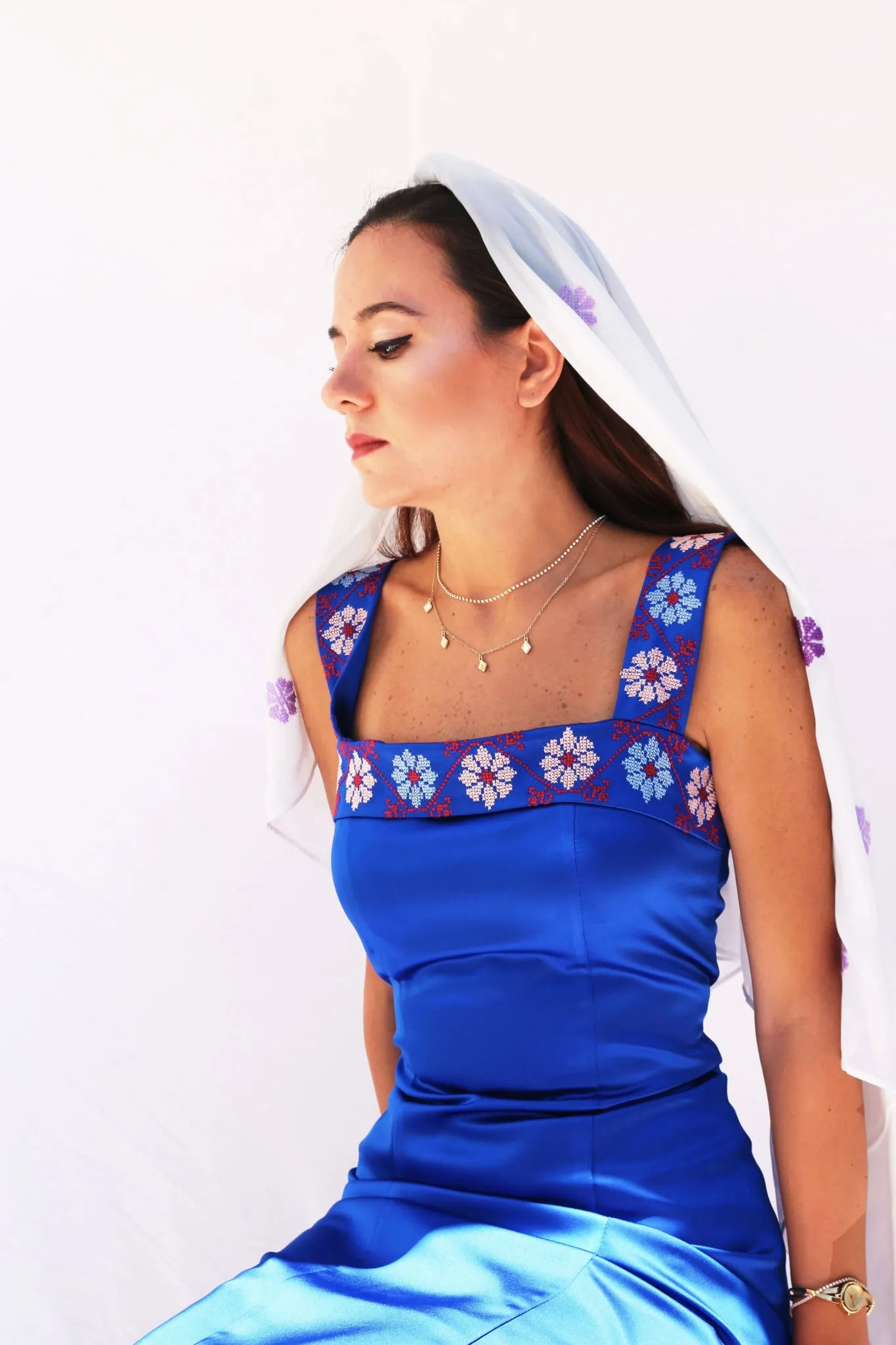 Bana - Hand-Embroidered Blue Satin Evening Dress