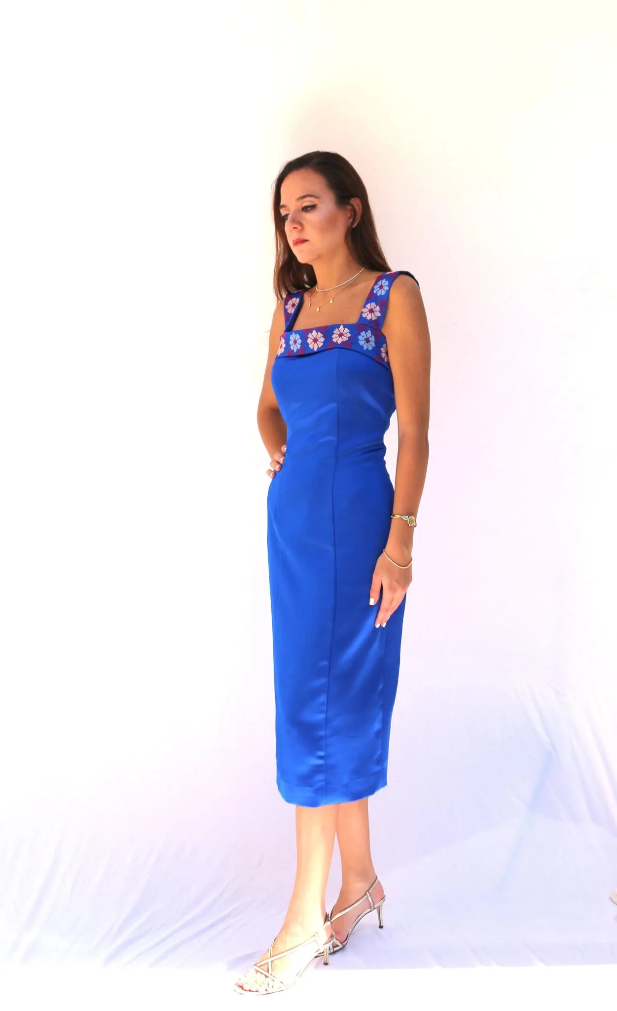 Bana - Hand-Embroidered Blue Satin Evening Dress