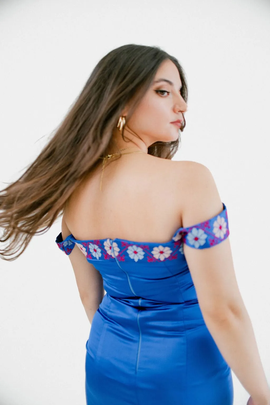 Bana - Hand-Embroidered Blue Satin Evening Dress