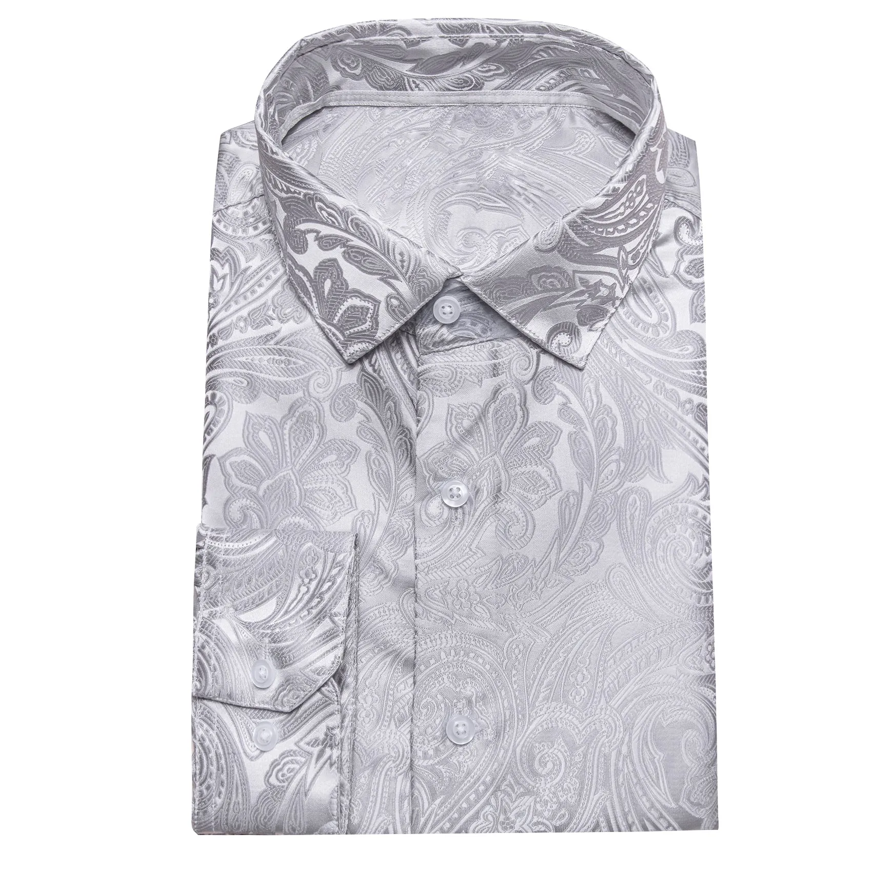 Classic Silver Paisley Silk Men's Long Sleeve Shirt