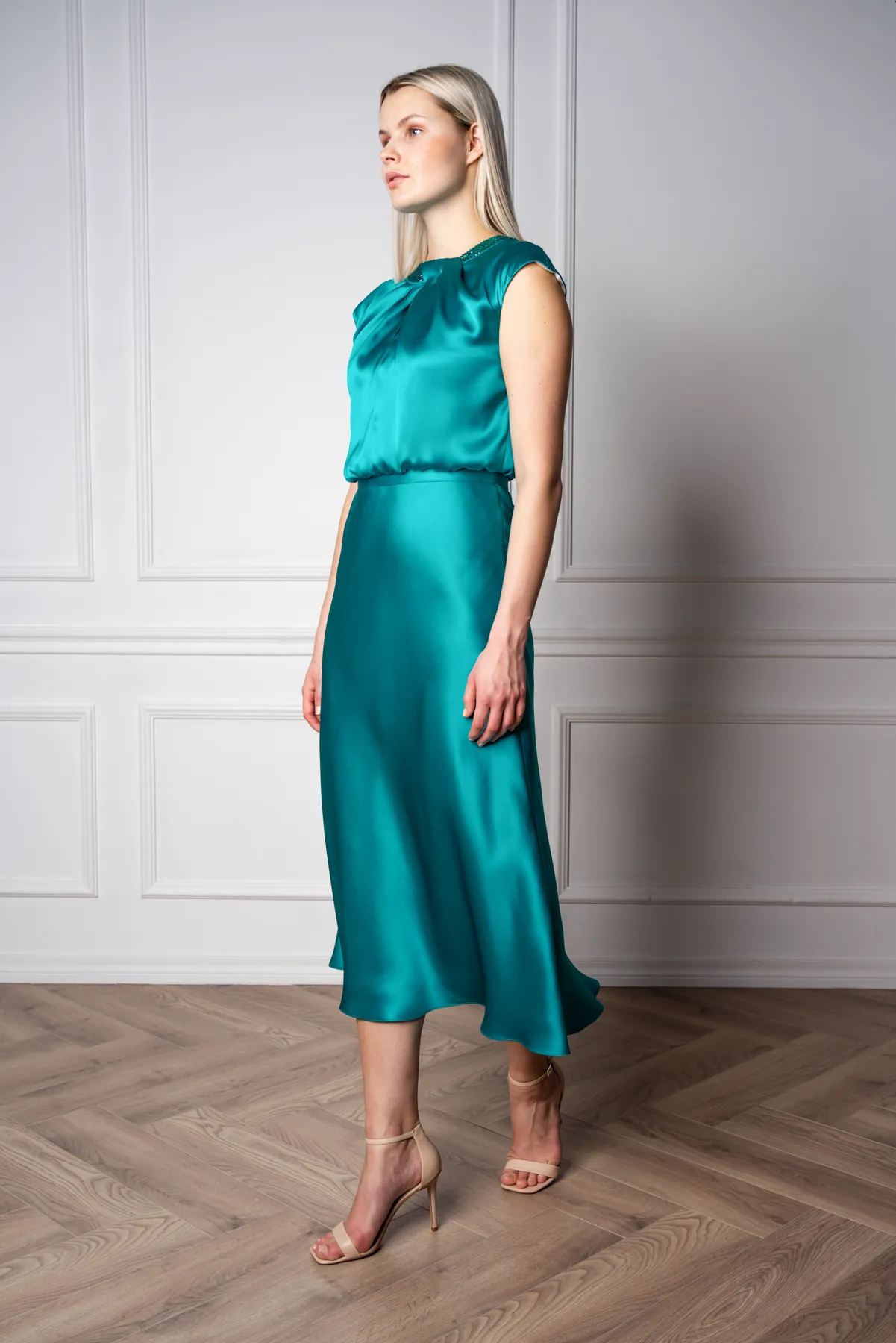 CLUSIA TEAL SILK SATIN MIDI DRESS WITH CRYSTAL EMBELLISHED NECKLINE