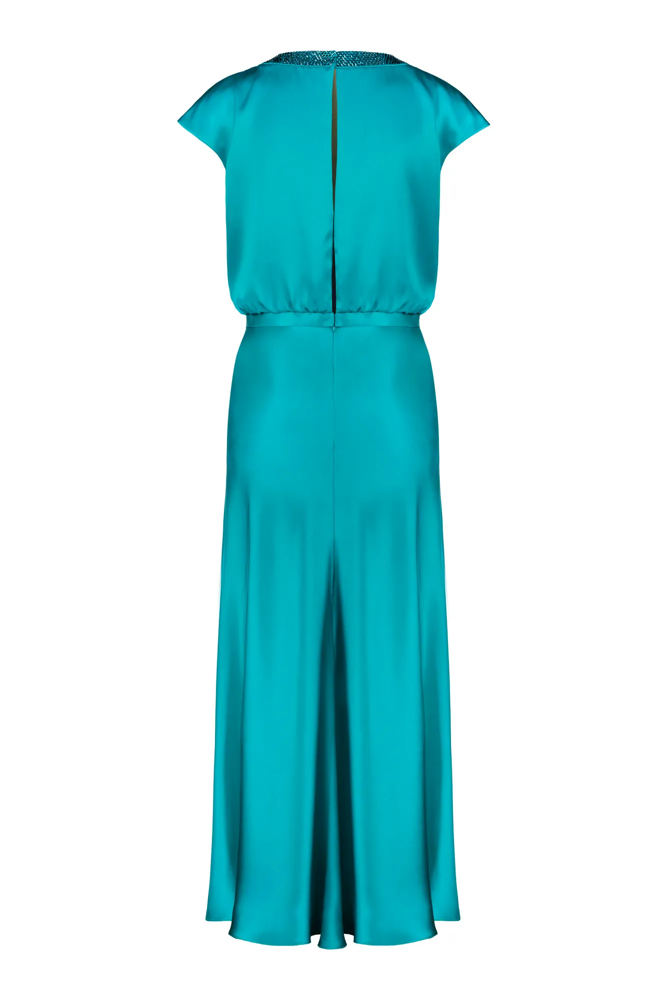 CLUSIA TEAL SILK SATIN MIDI DRESS WITH CRYSTAL EMBELLISHED NECKLINE