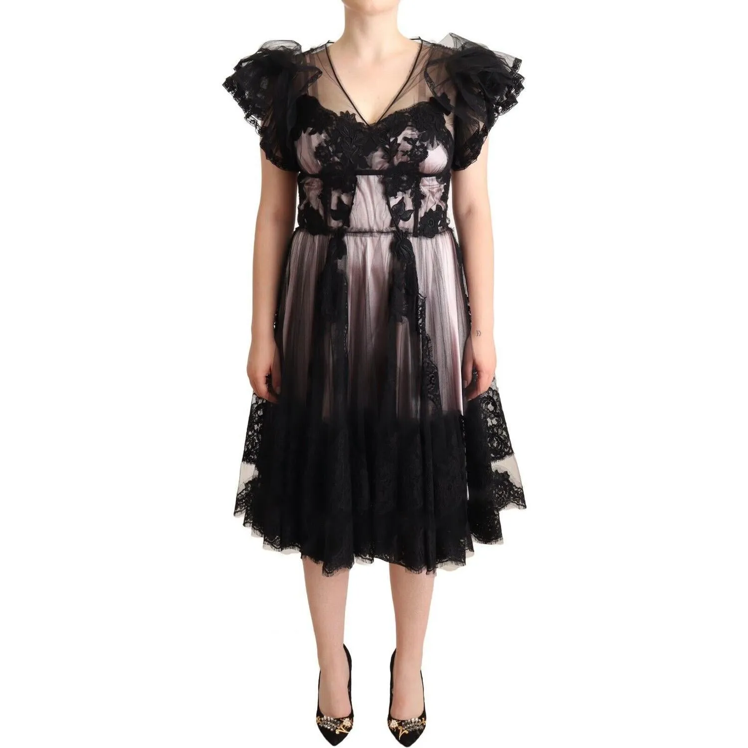 Dolce & Gabbana Chic Black Floral Lace Midi Dress