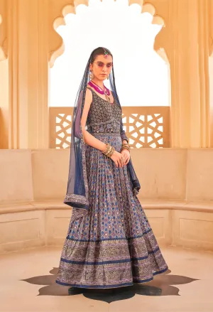 Elegant Designer Occasion Wear Gown: P.V Silk & Foil Print