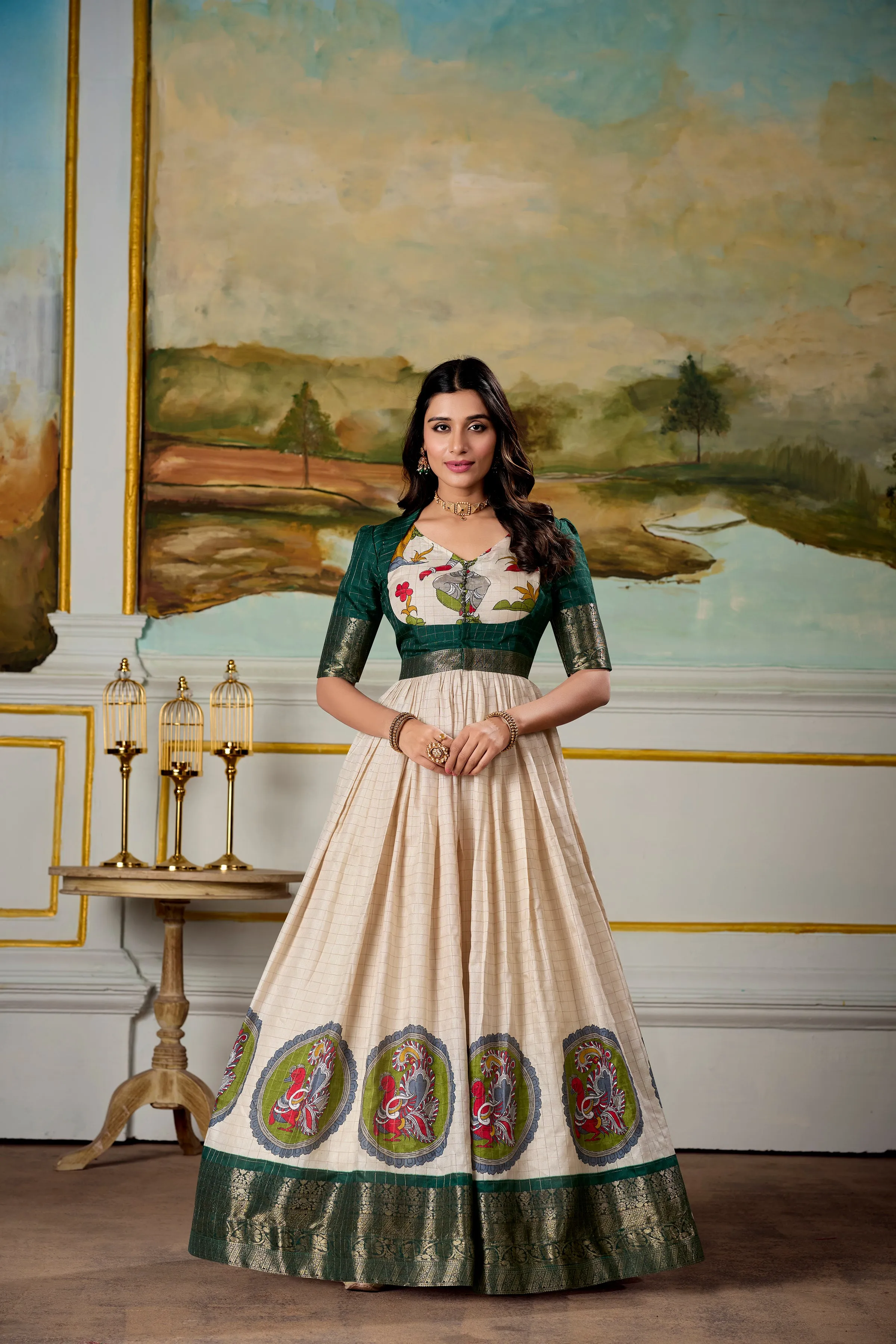 Green Pure Dola Silk Long Kalamkari Print Readymade Gown