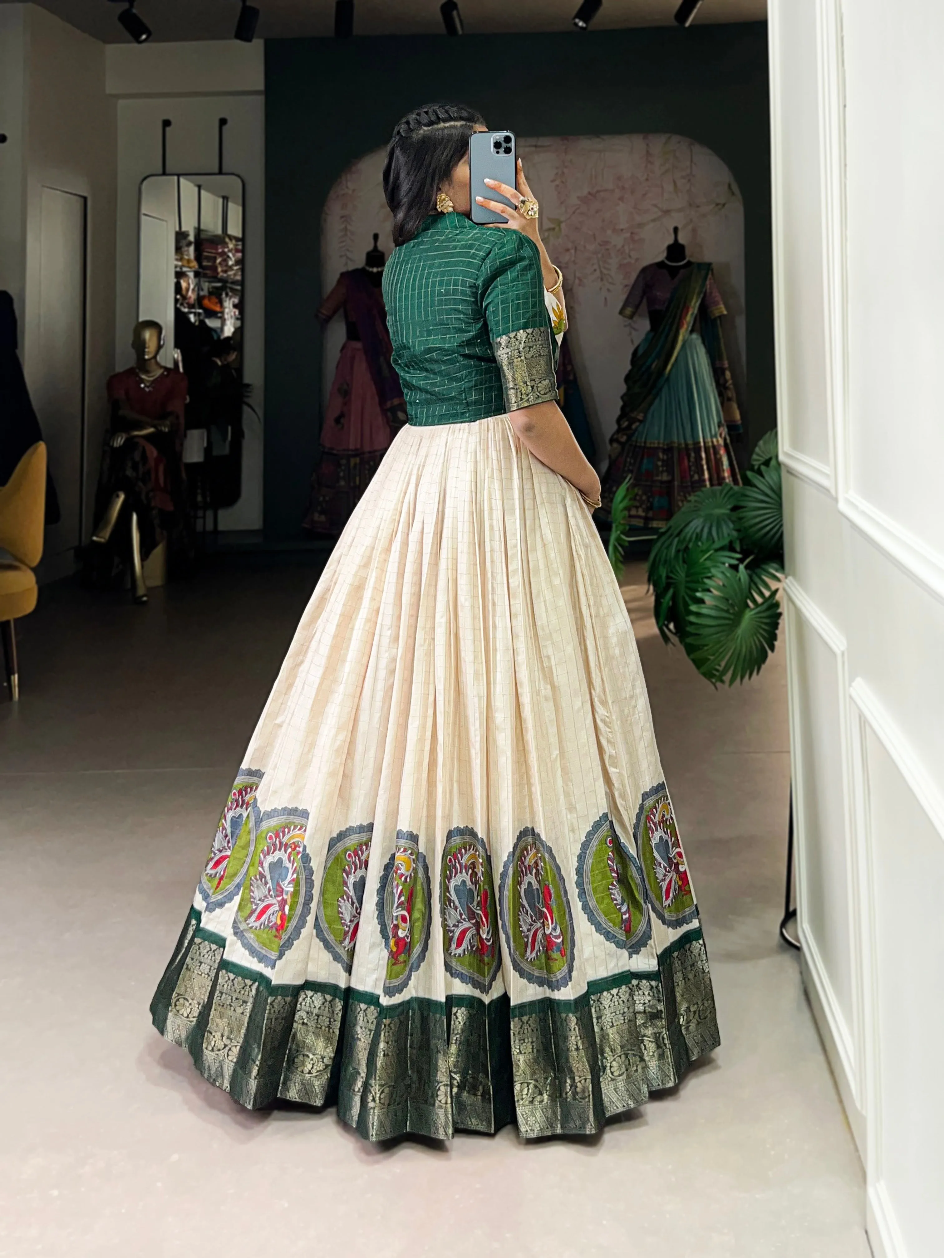 Green Pure Dola Silk Long Kalamkari Print Readymade Gown