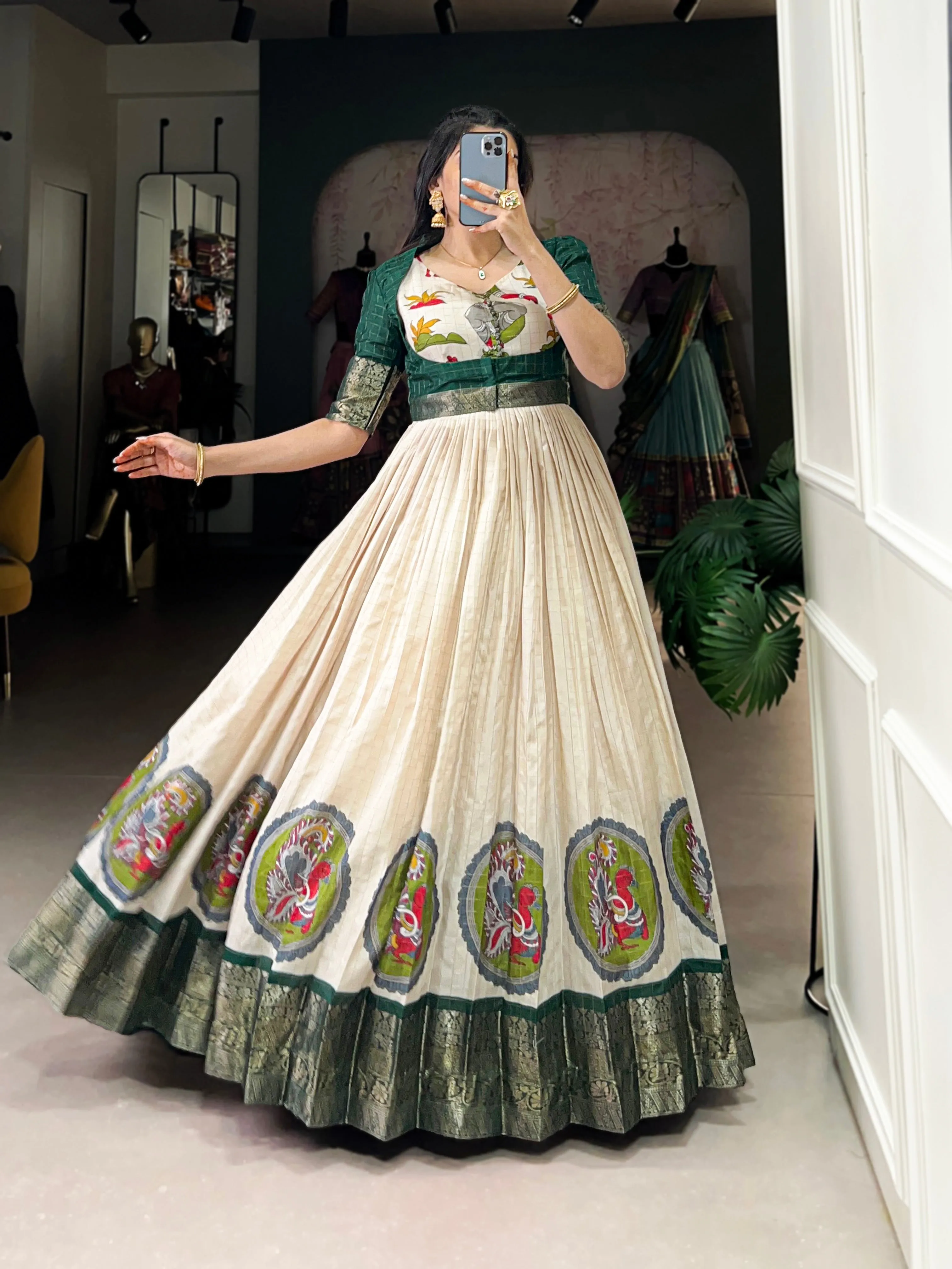 Green Pure Dola Silk Long Kalamkari Print Readymade Gown