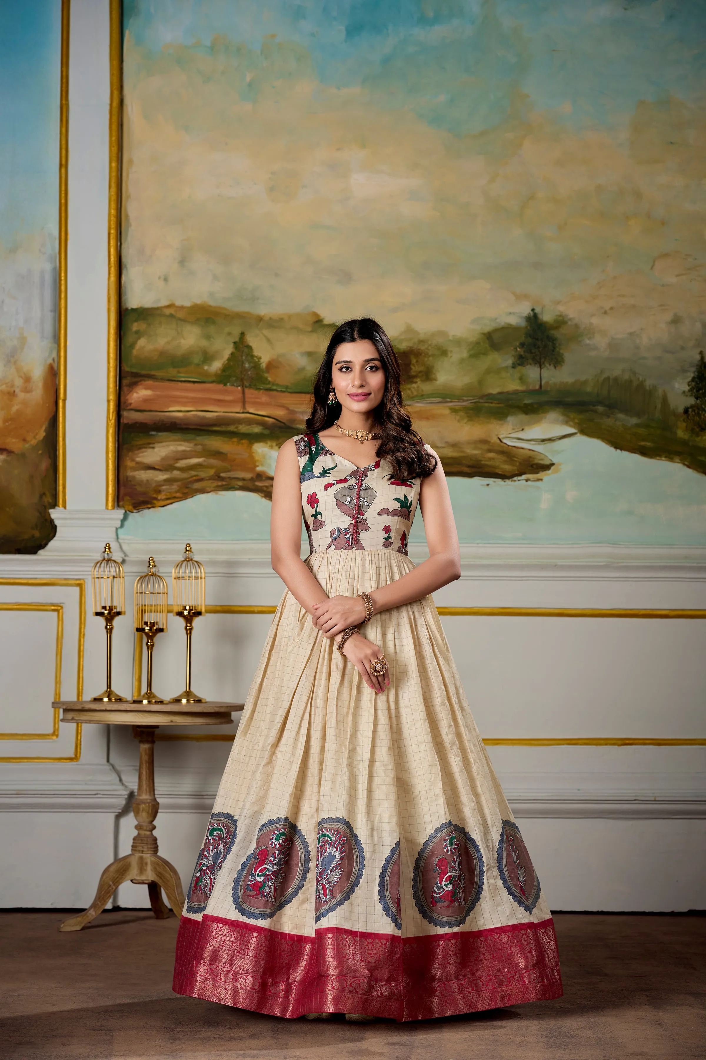 Green Pure Dola Silk Long Kalamkari Print Readymade Gown