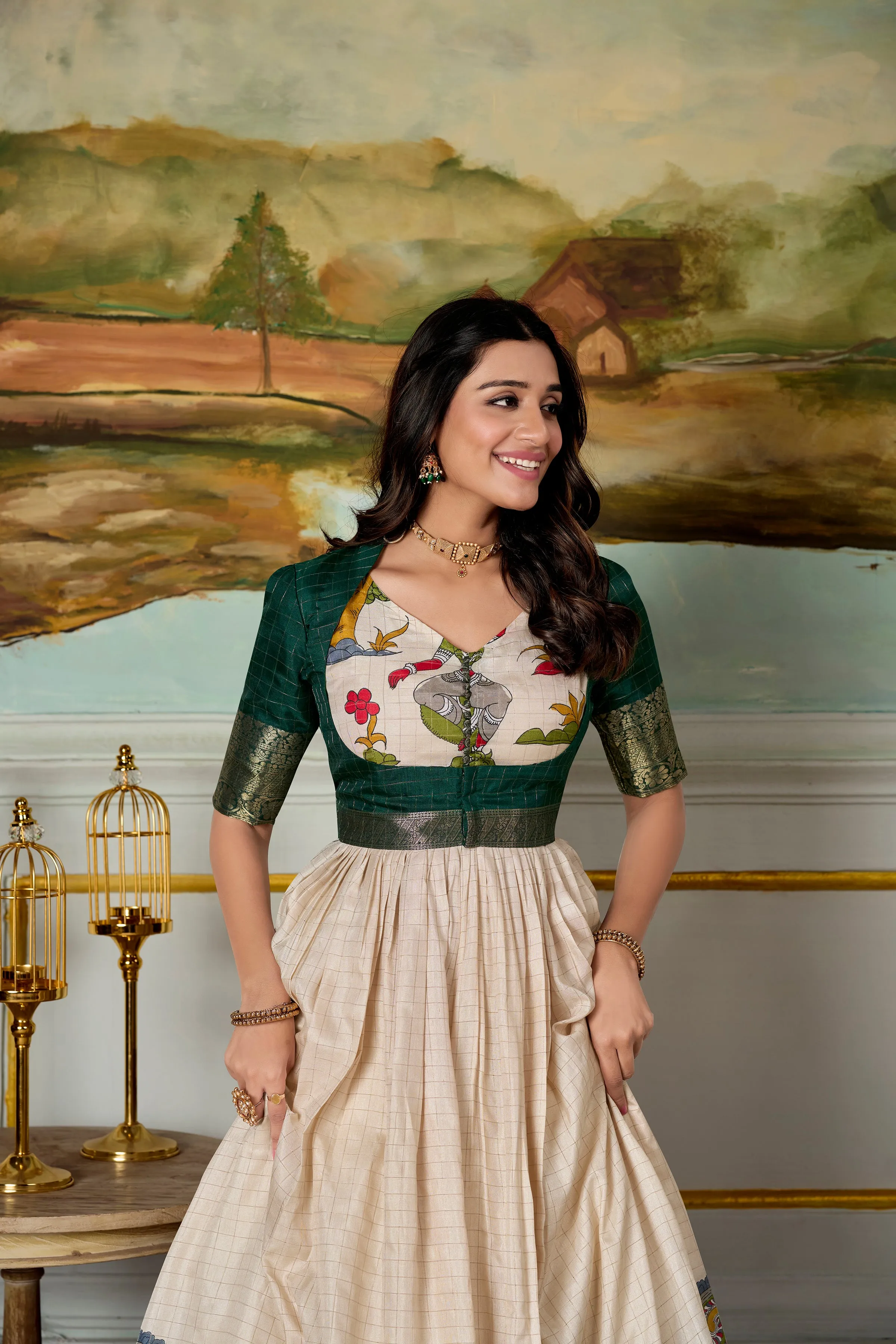 Green Pure Dola Silk Long Kalamkari Print Readymade Gown