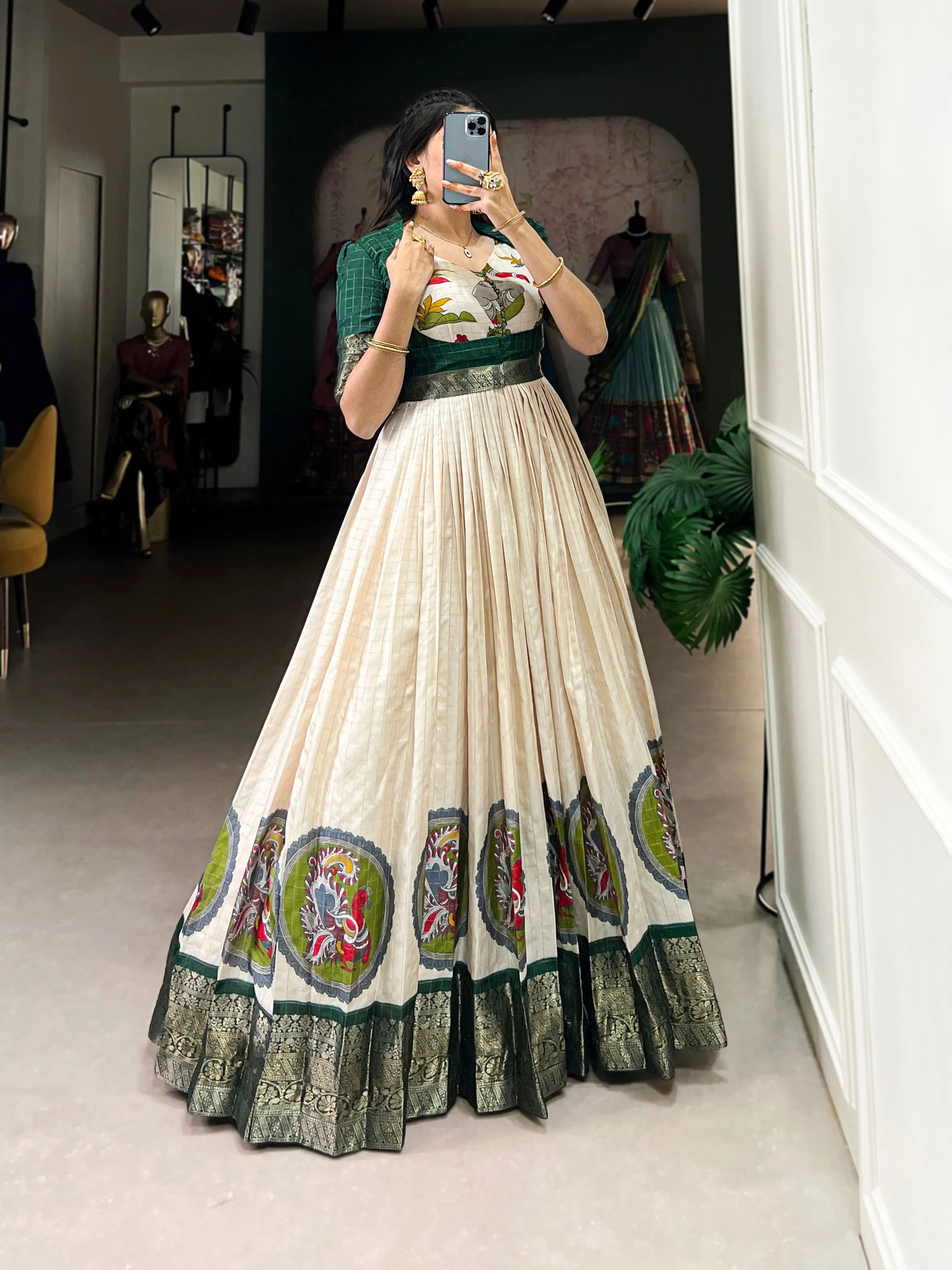 Green Pure Dola Silk Long Kalamkari Print Readymade Gown