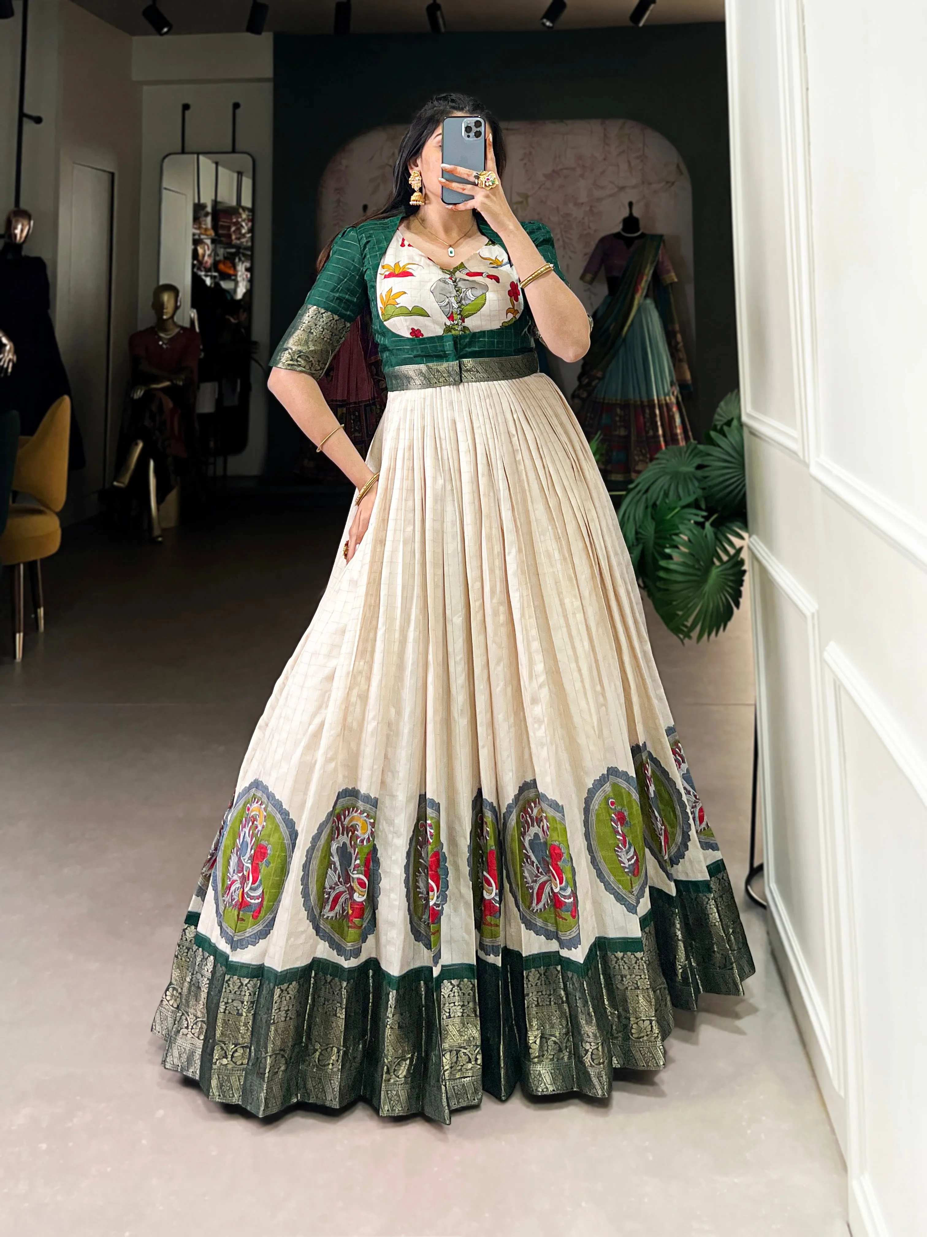 Green Pure Dola Silk Long Kalamkari Print Readymade Gown