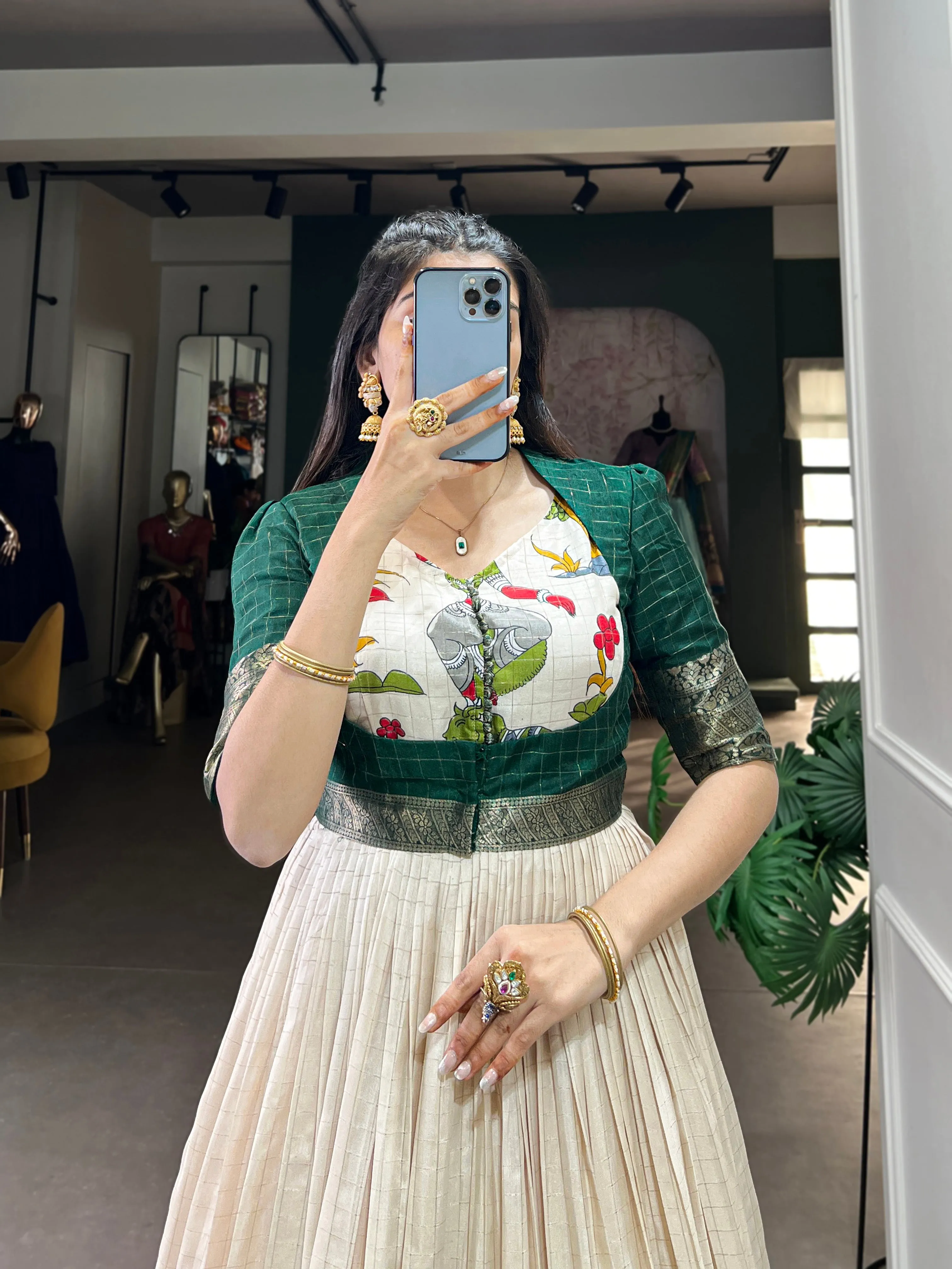 Green Pure Dola Silk Long Kalamkari Print Readymade Gown