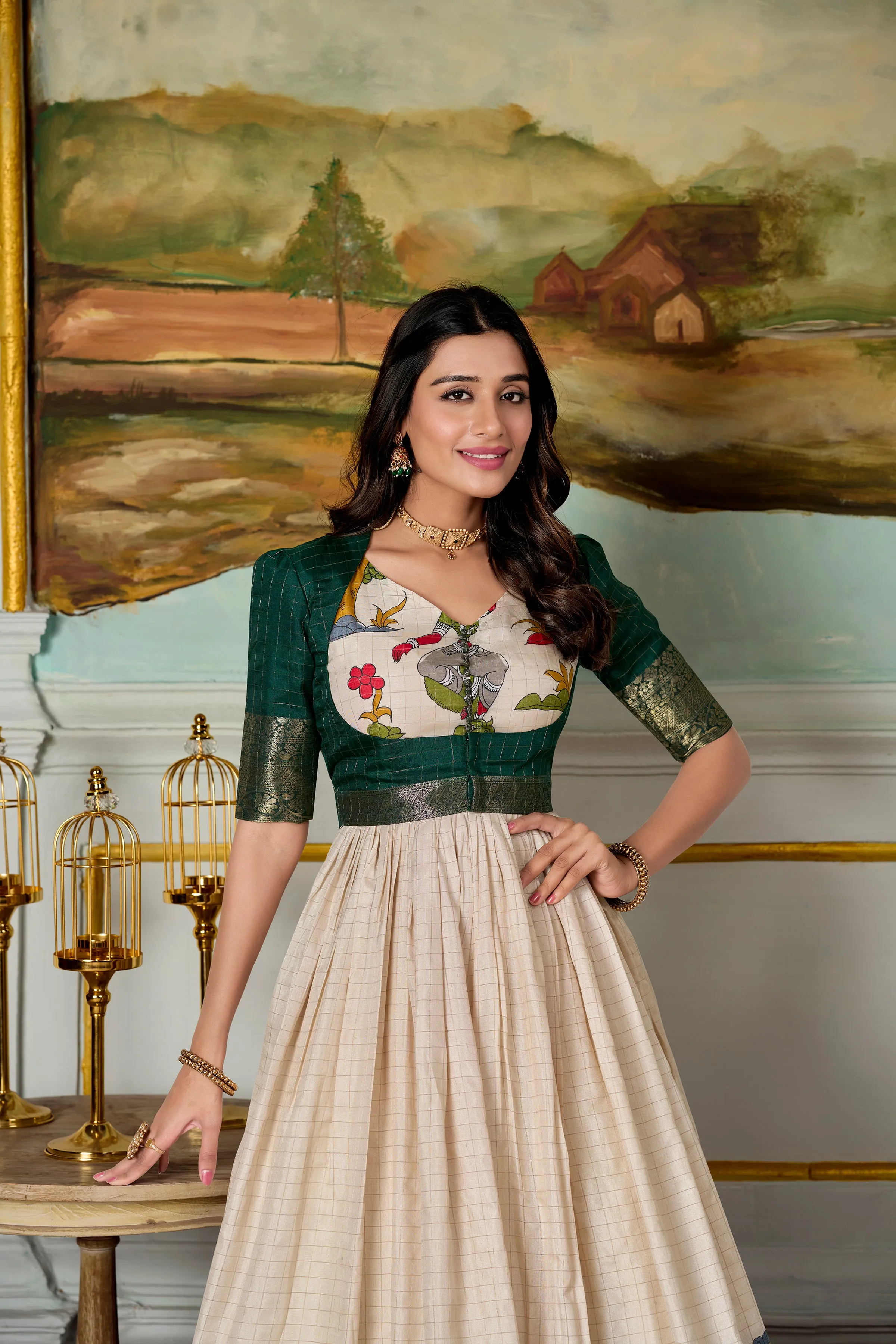Green Pure Dola Silk Long Kalamkari Print Readymade Gown