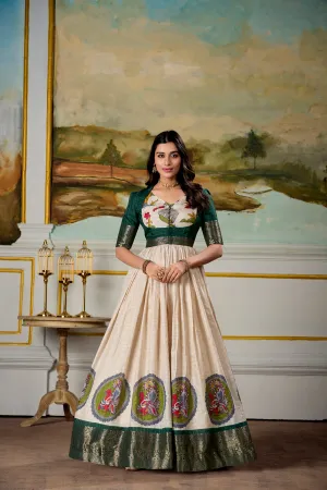 Green Pure Dola Silk Long Kalamkari Print Readymade Gown