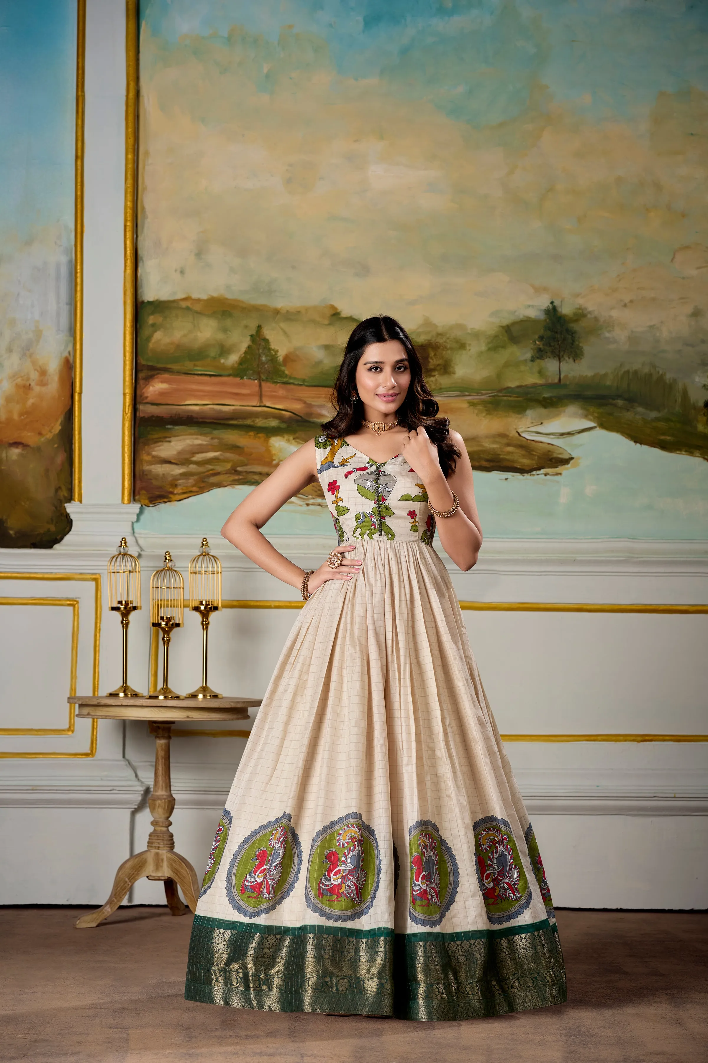 Green Pure Dola Silk Long Kalamkari Print Readymade Gown