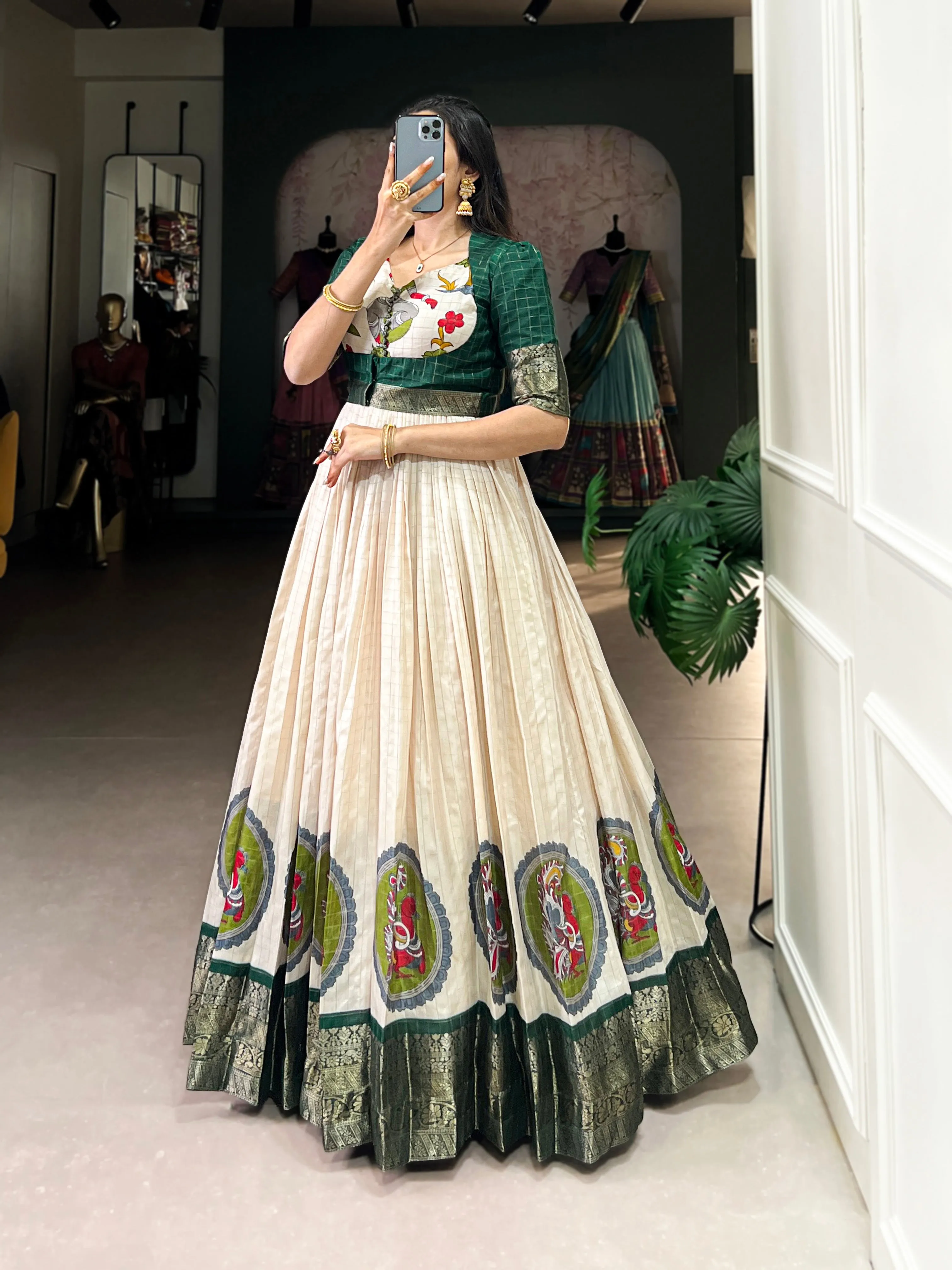 Green Pure Dola Silk Long Kalamkari Print Readymade Gown