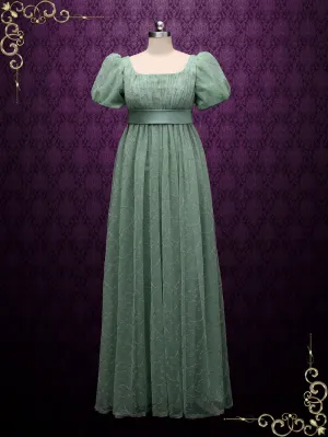 Green Regency Style Empire Dress with Floral Lace JOANNE