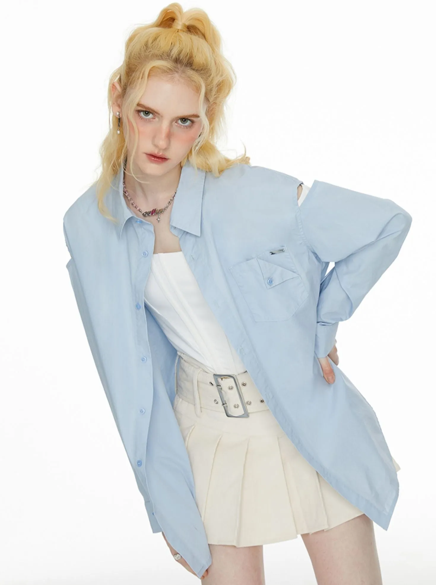Ice Long Slit Blue Shoulder Shirt