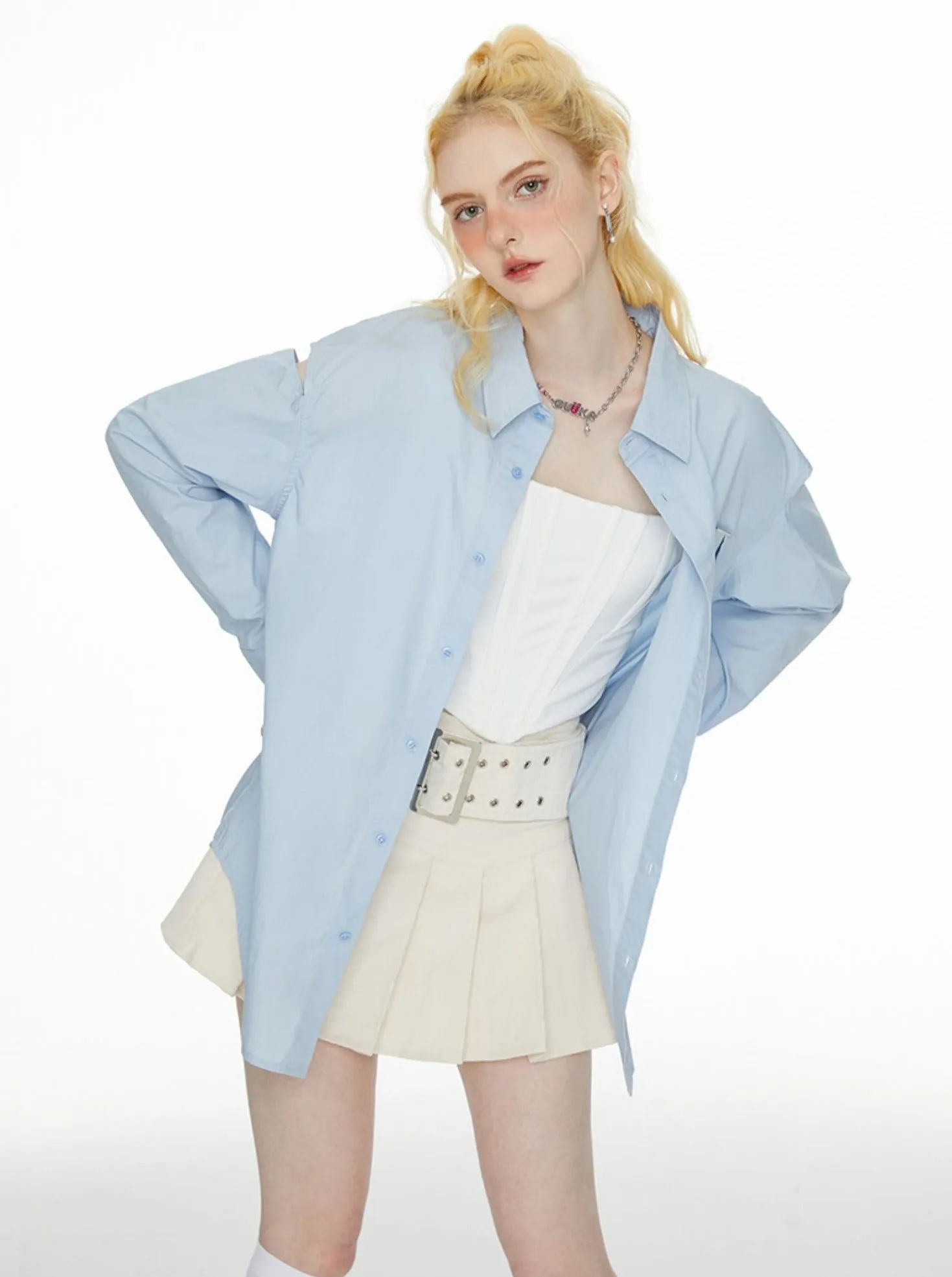 Ice Long Slit Blue Shoulder Shirt