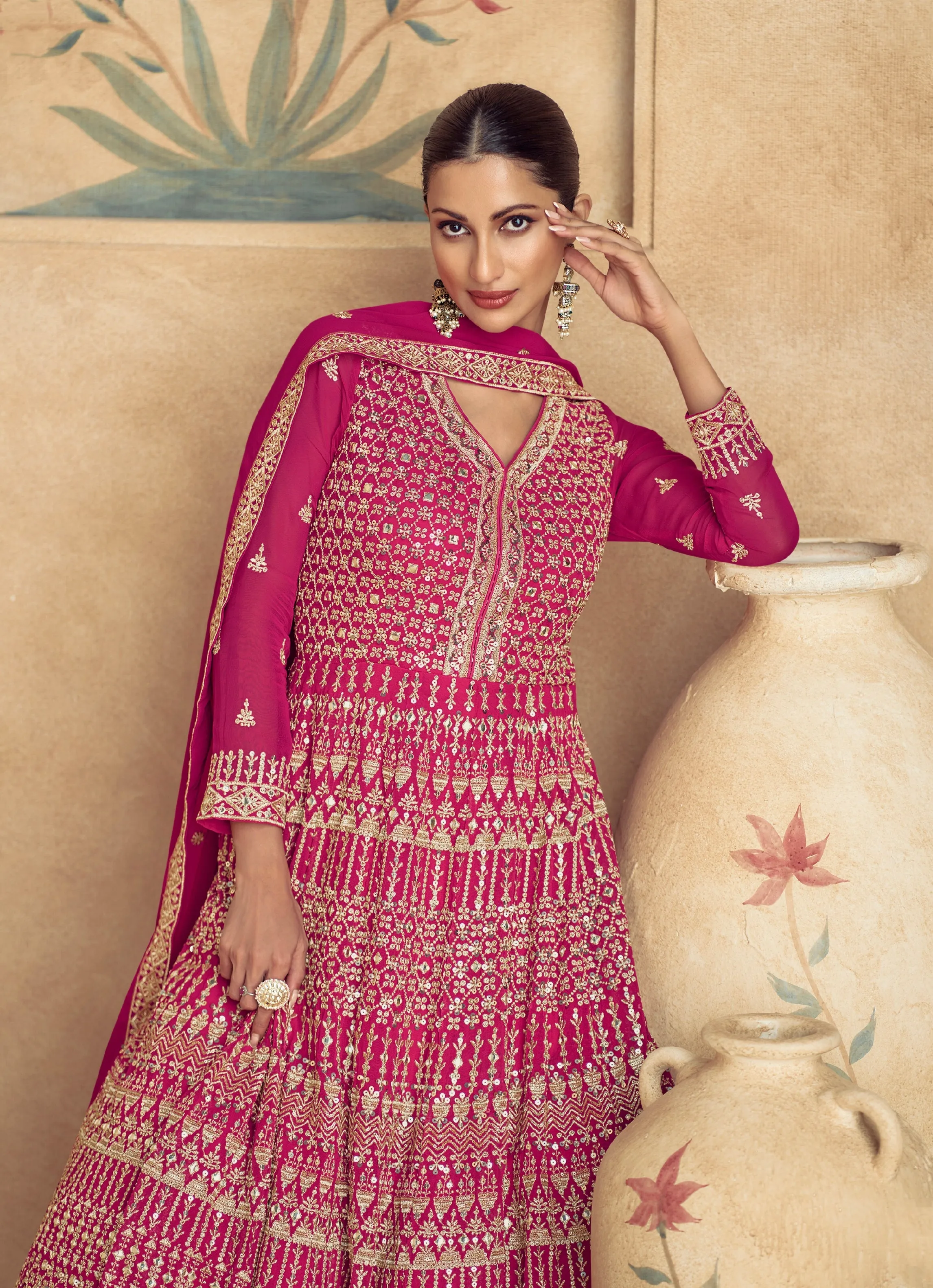 Majestic Pink Embroidered Georgette Anarkali Suit with Dupatta