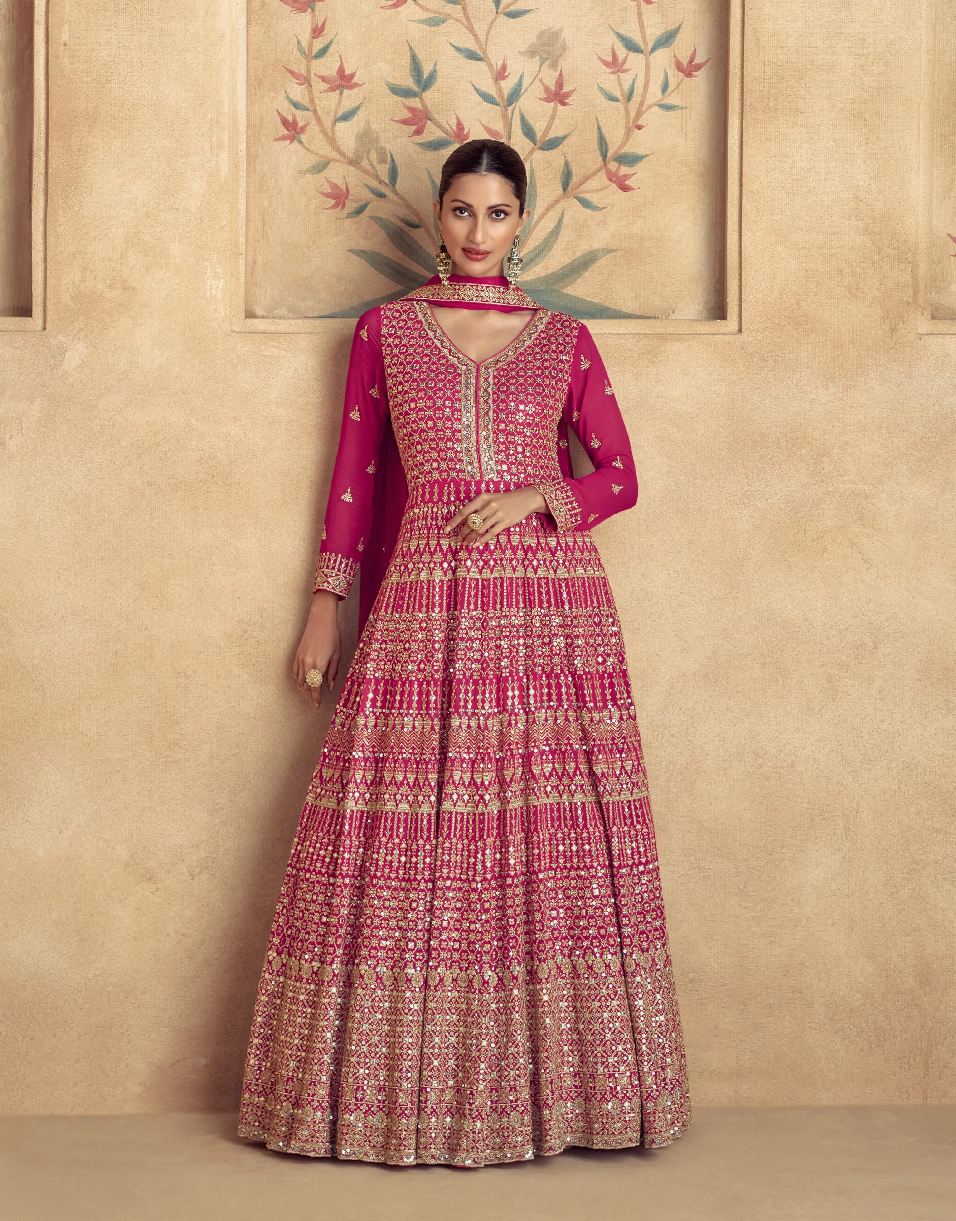Majestic Pink Embroidered Georgette Anarkali Suit with Dupatta