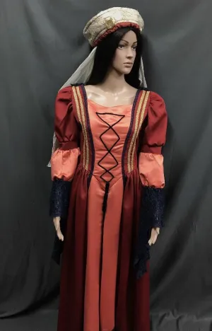 Medieval Apricot and Navy Princess Satin Dress - Hire