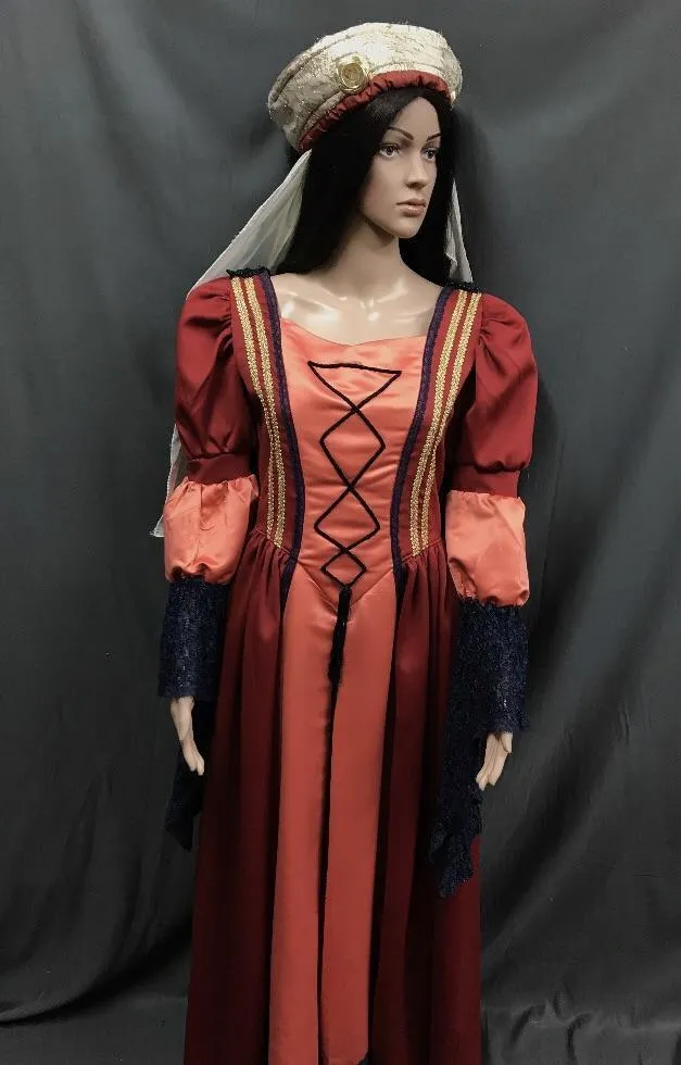 Medieval Apricot and Navy Princess Satin Dress - Hire