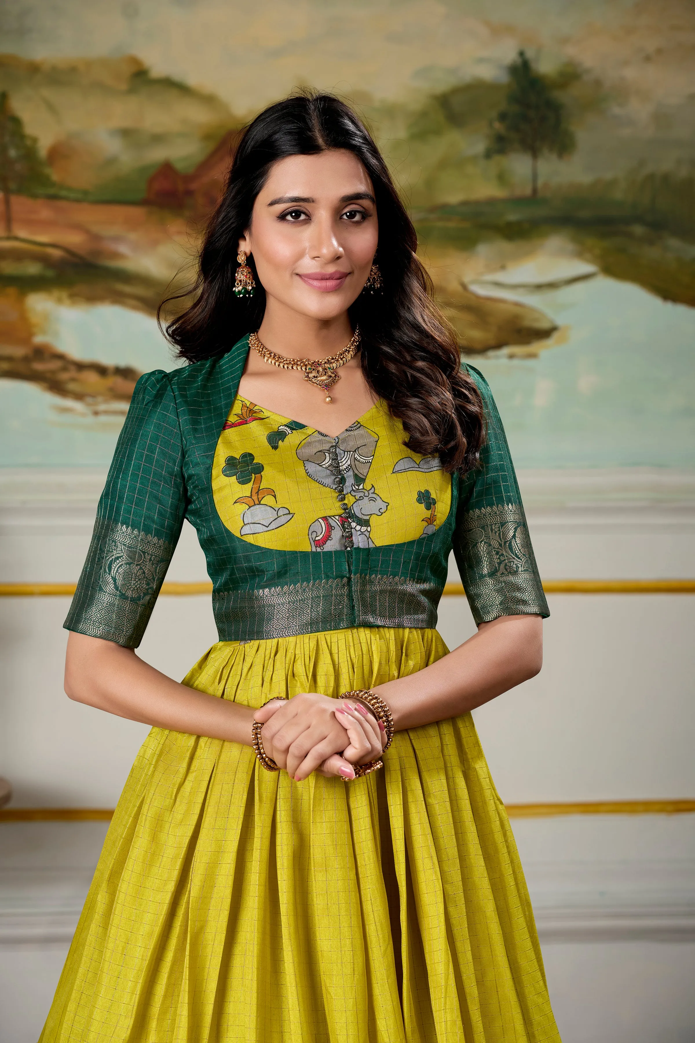 Parrot Pure Dola Silk Long Kalamkari Print Readymade Gown