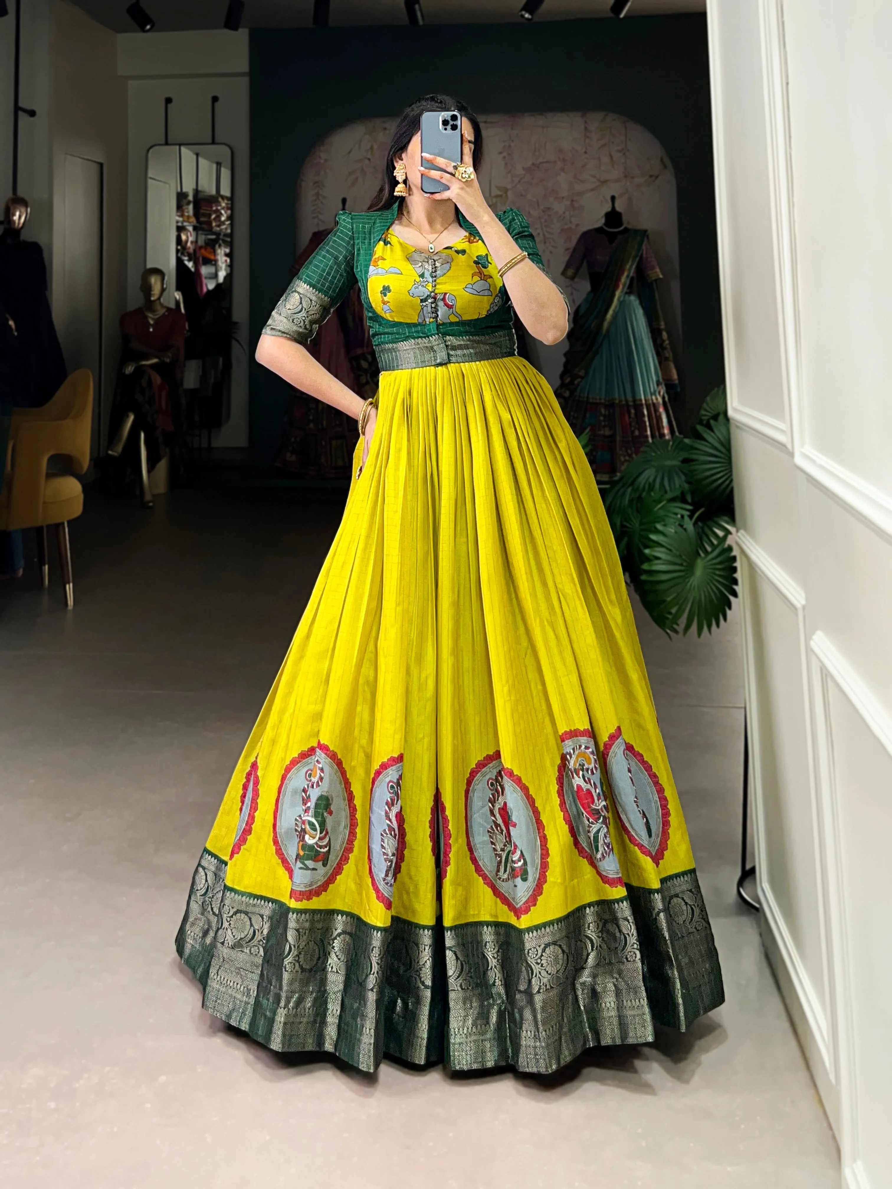 Parrot Pure Dola Silk Long Kalamkari Print Readymade Gown