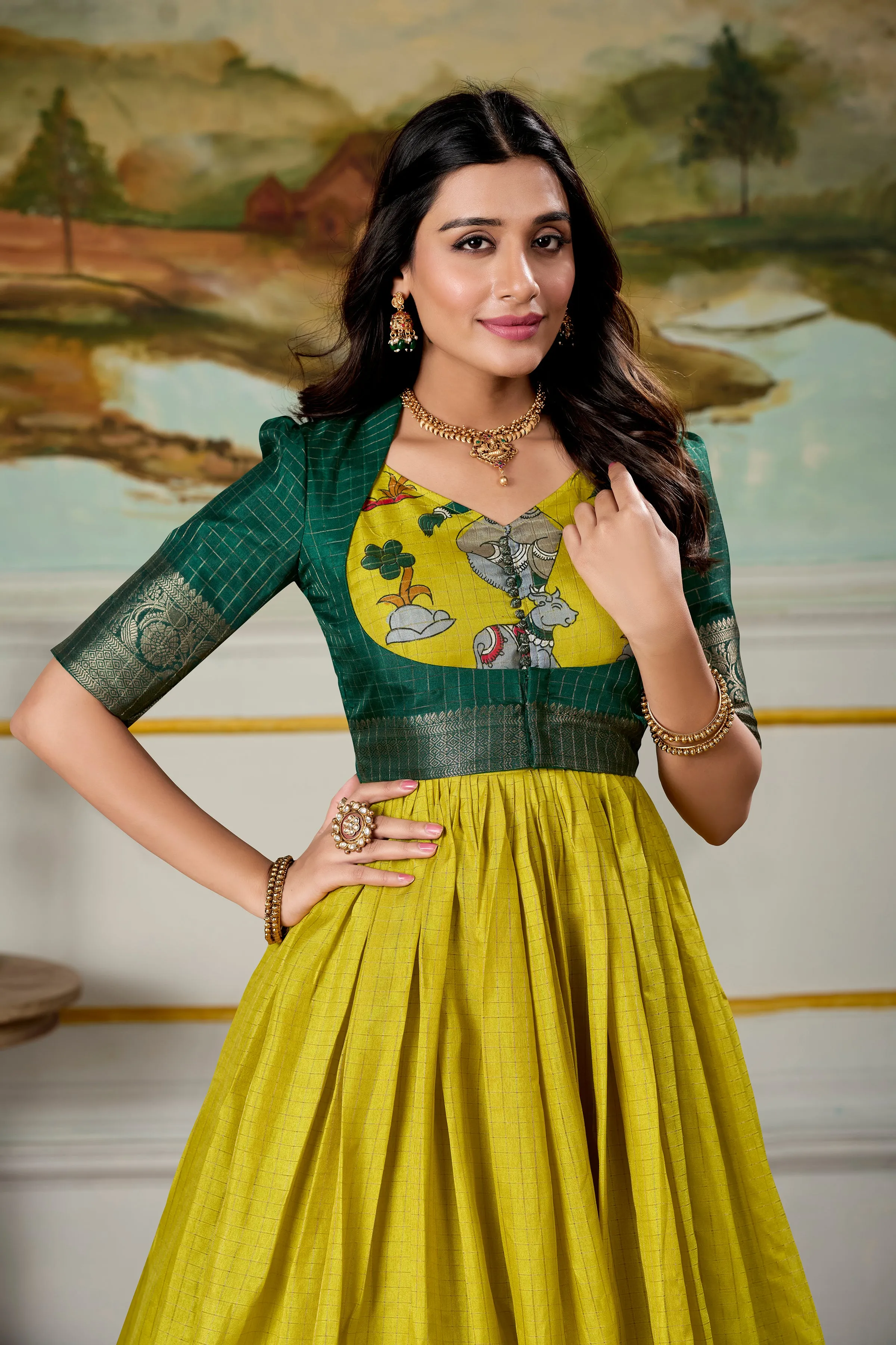 Parrot Pure Dola Silk Long Kalamkari Print Readymade Gown