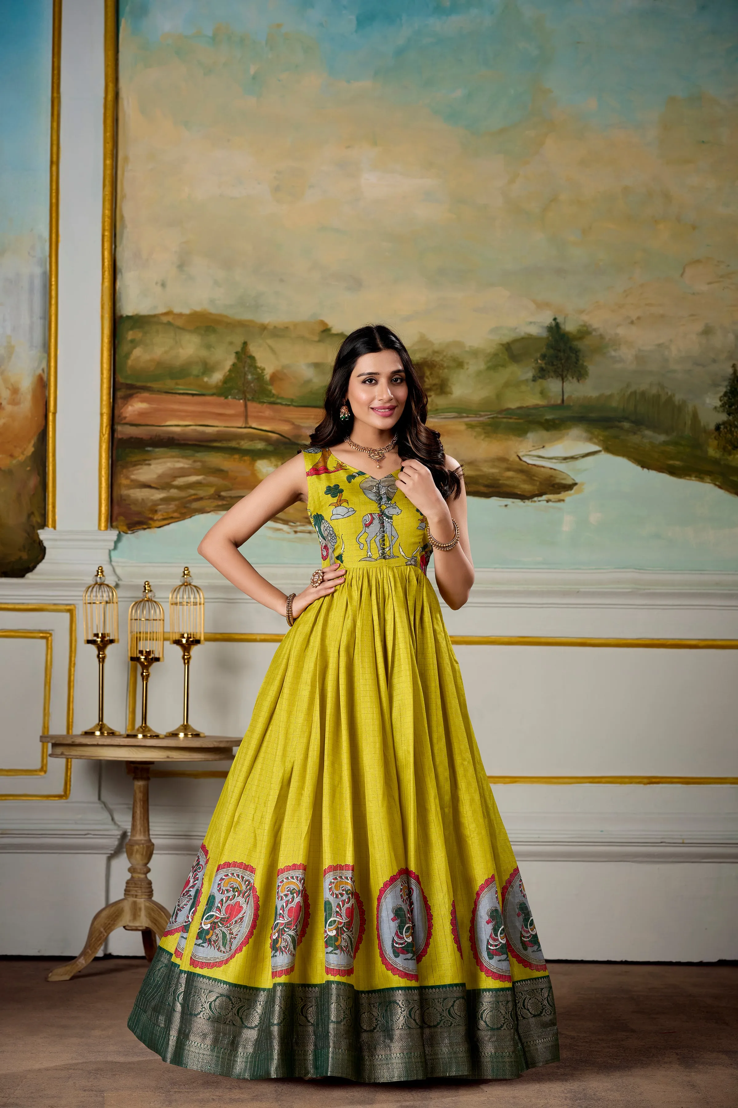 Parrot Pure Dola Silk Long Kalamkari Print Readymade Gown