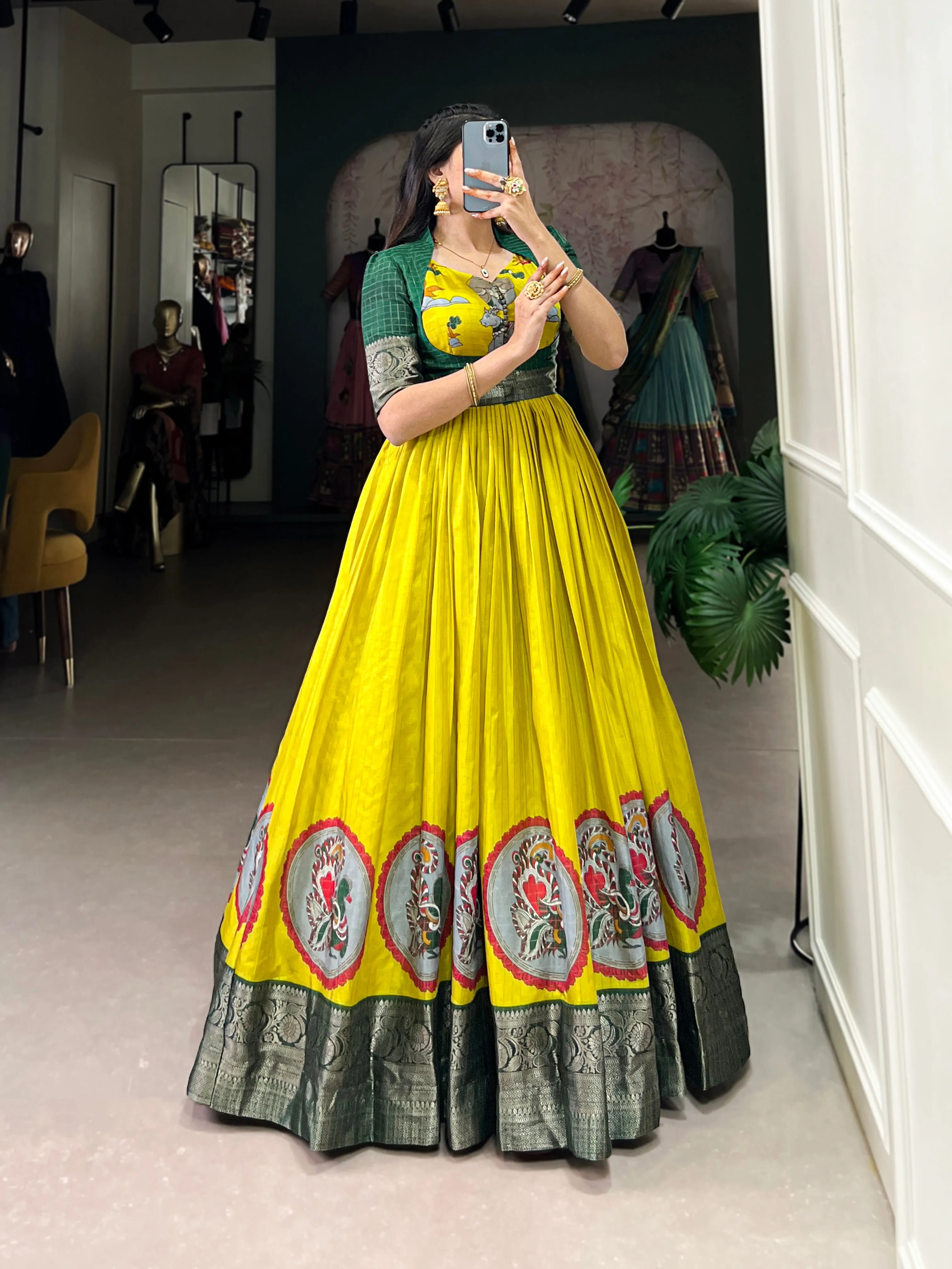 Parrot Pure Dola Silk Long Kalamkari Print Readymade Gown