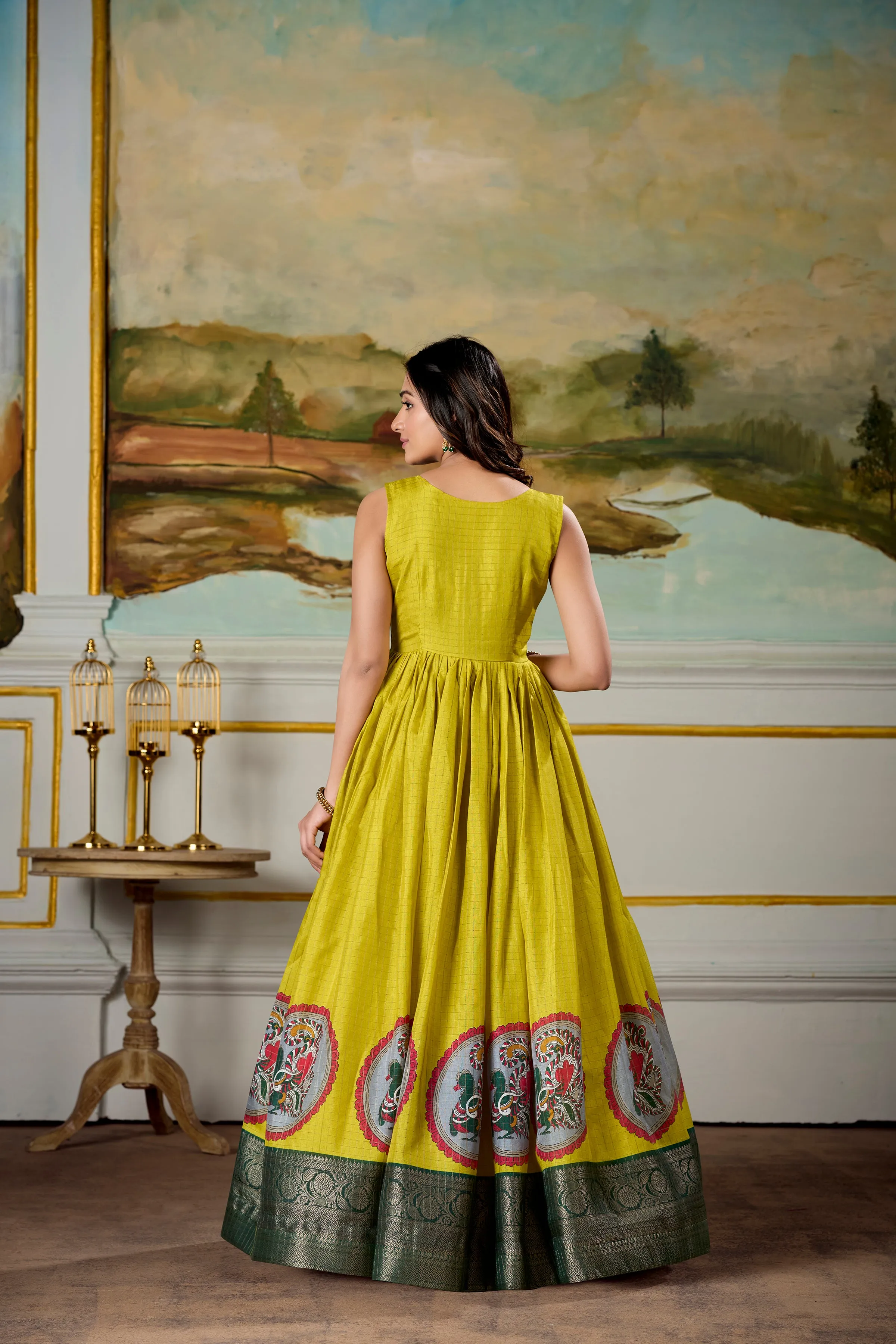 Parrot Pure Dola Silk Long Kalamkari Print Readymade Gown