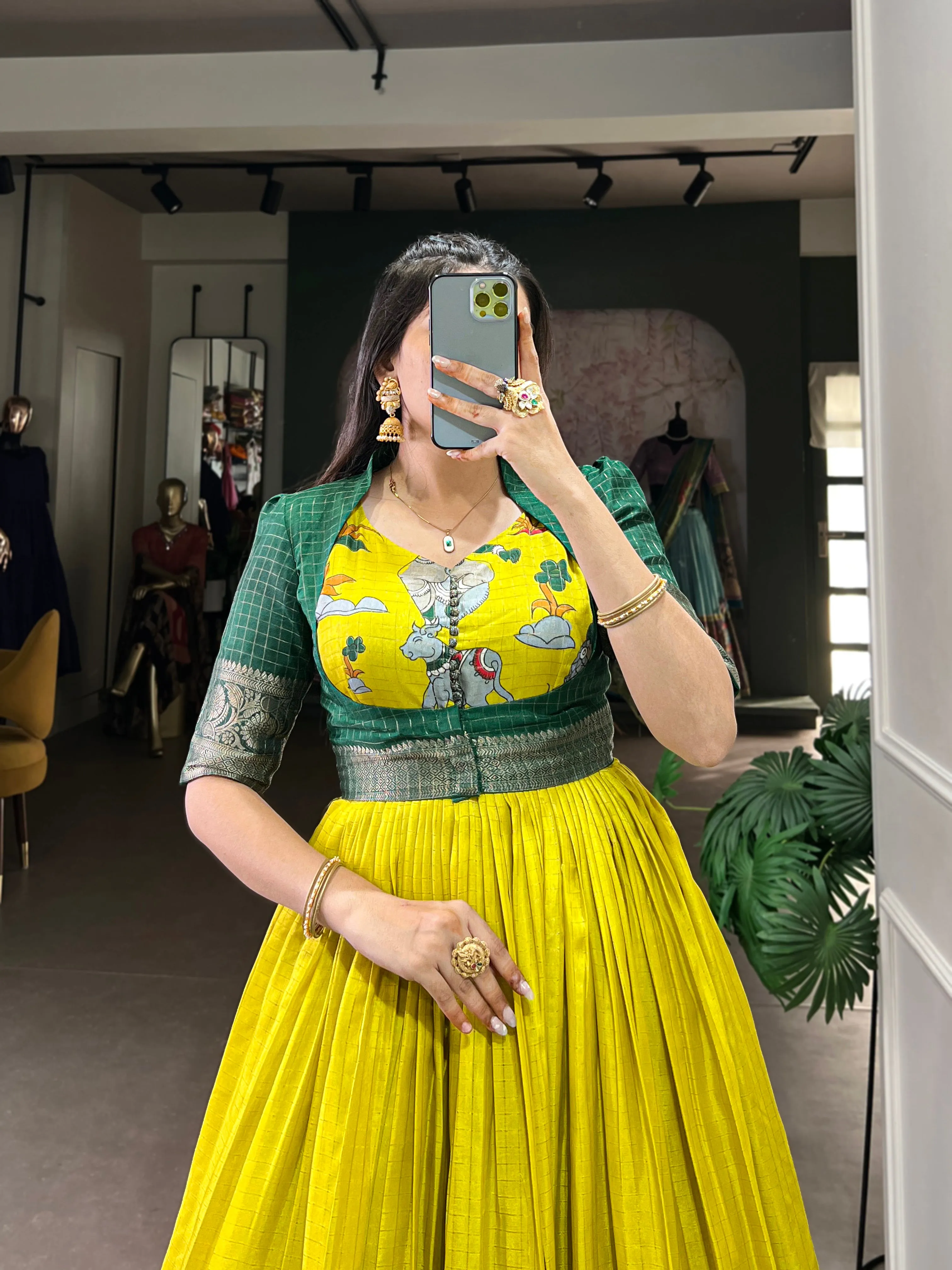 Parrot Pure Dola Silk Long Kalamkari Print Readymade Gown
