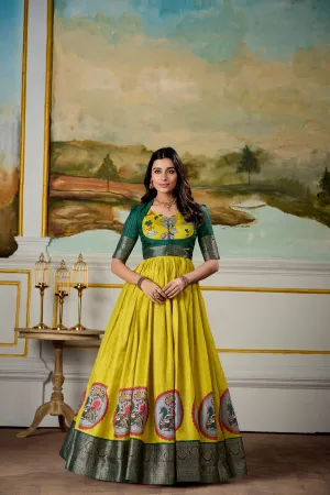 Parrot Pure Dola Silk Long Kalamkari Print Readymade Gown