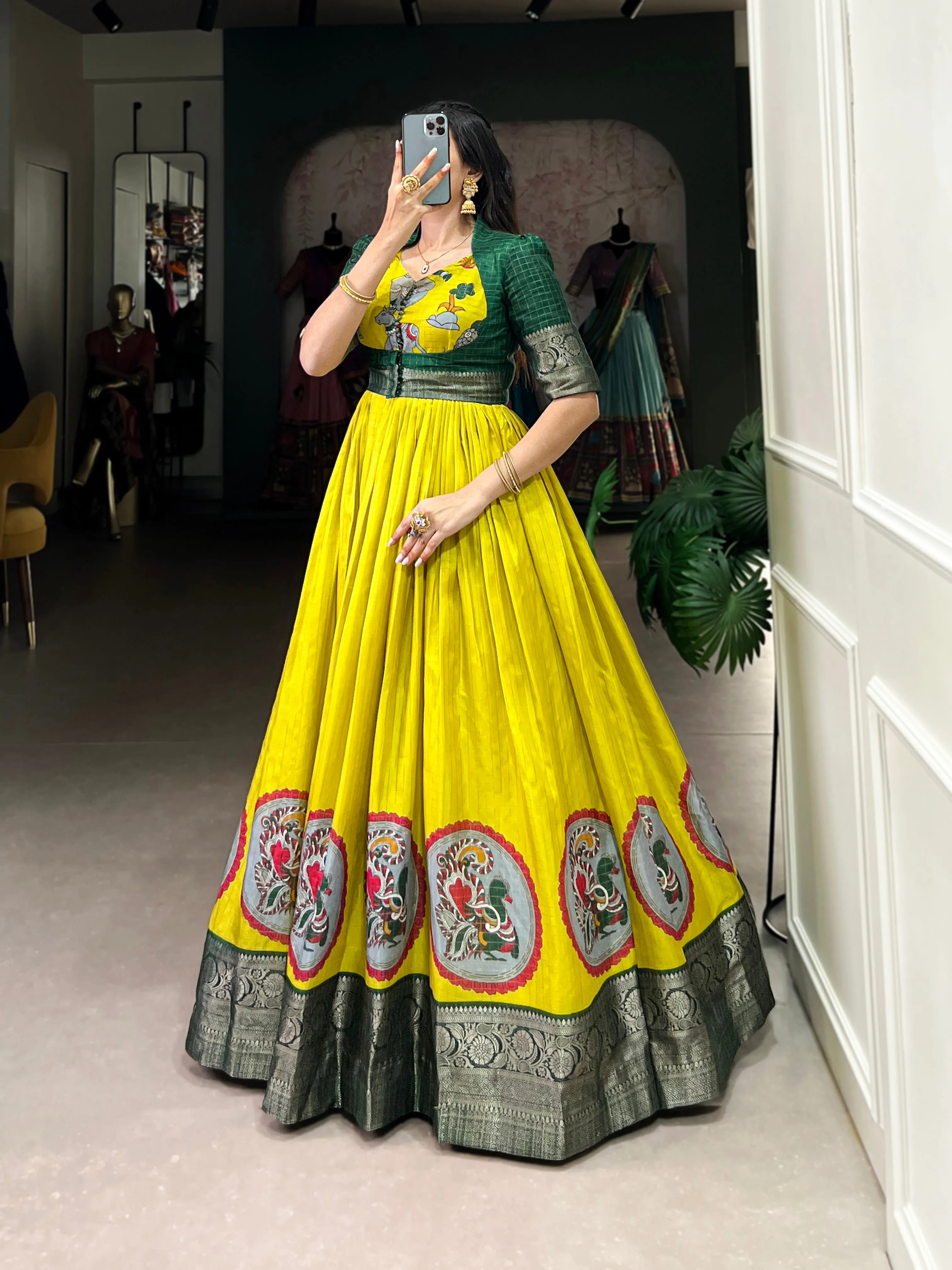 Parrot Pure Dola Silk Long Kalamkari Print Readymade Gown