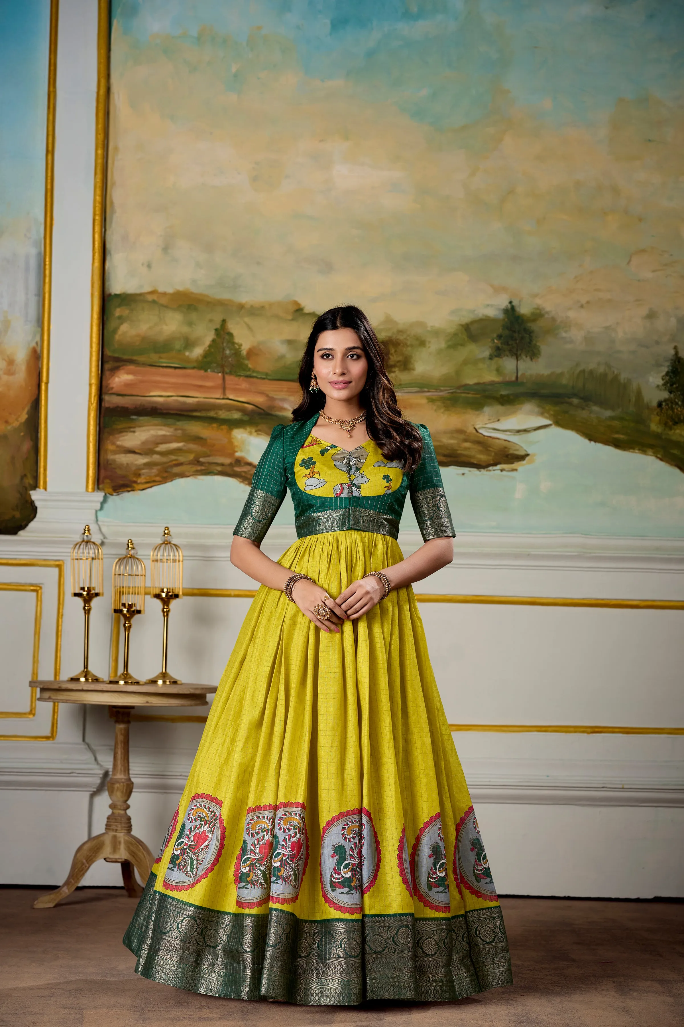 Parrot Pure Dola Silk Long Kalamkari Print Readymade Gown