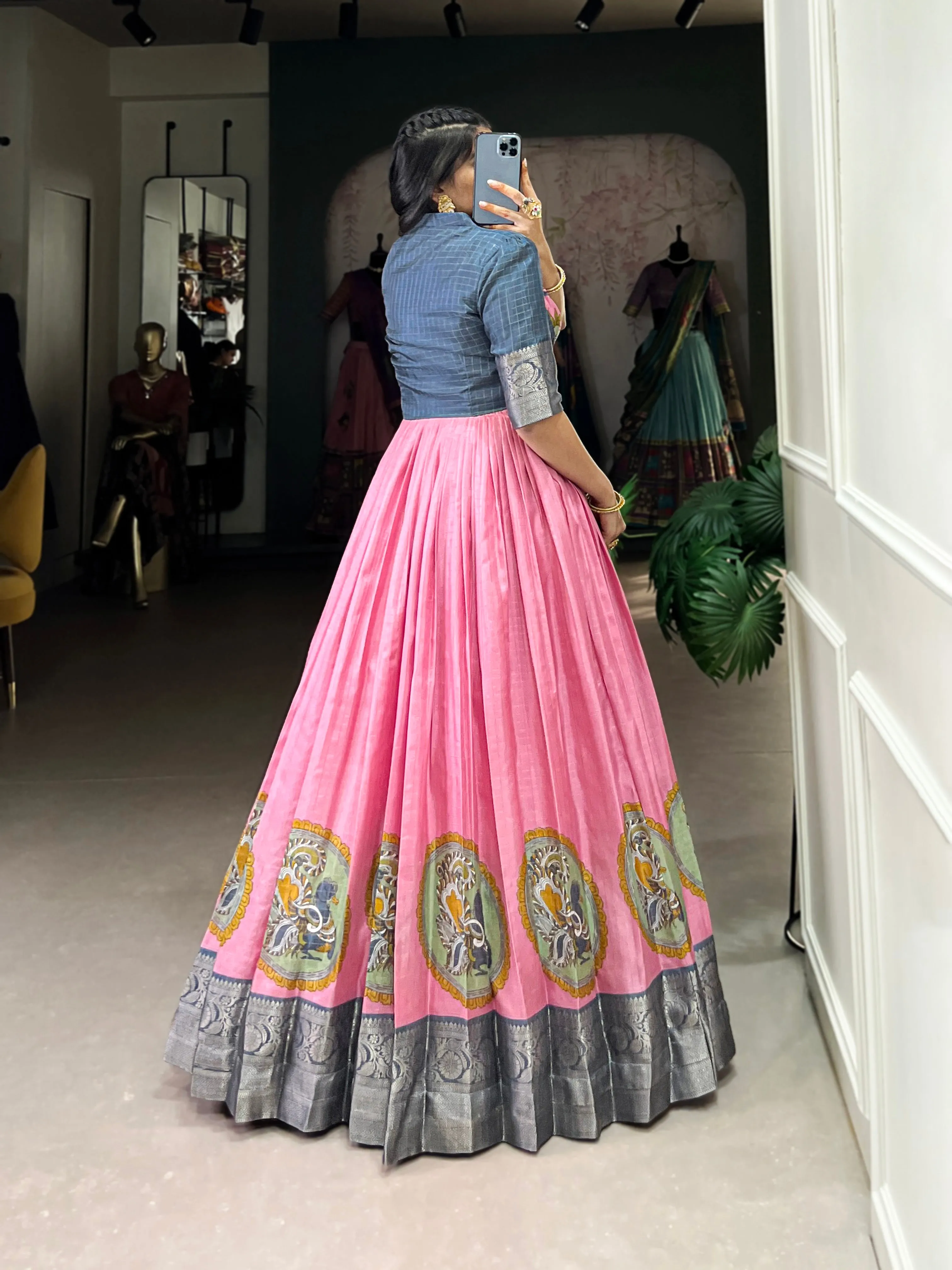 Pink Pure Dola Silk Long Kalamkari Print Readymade Gown