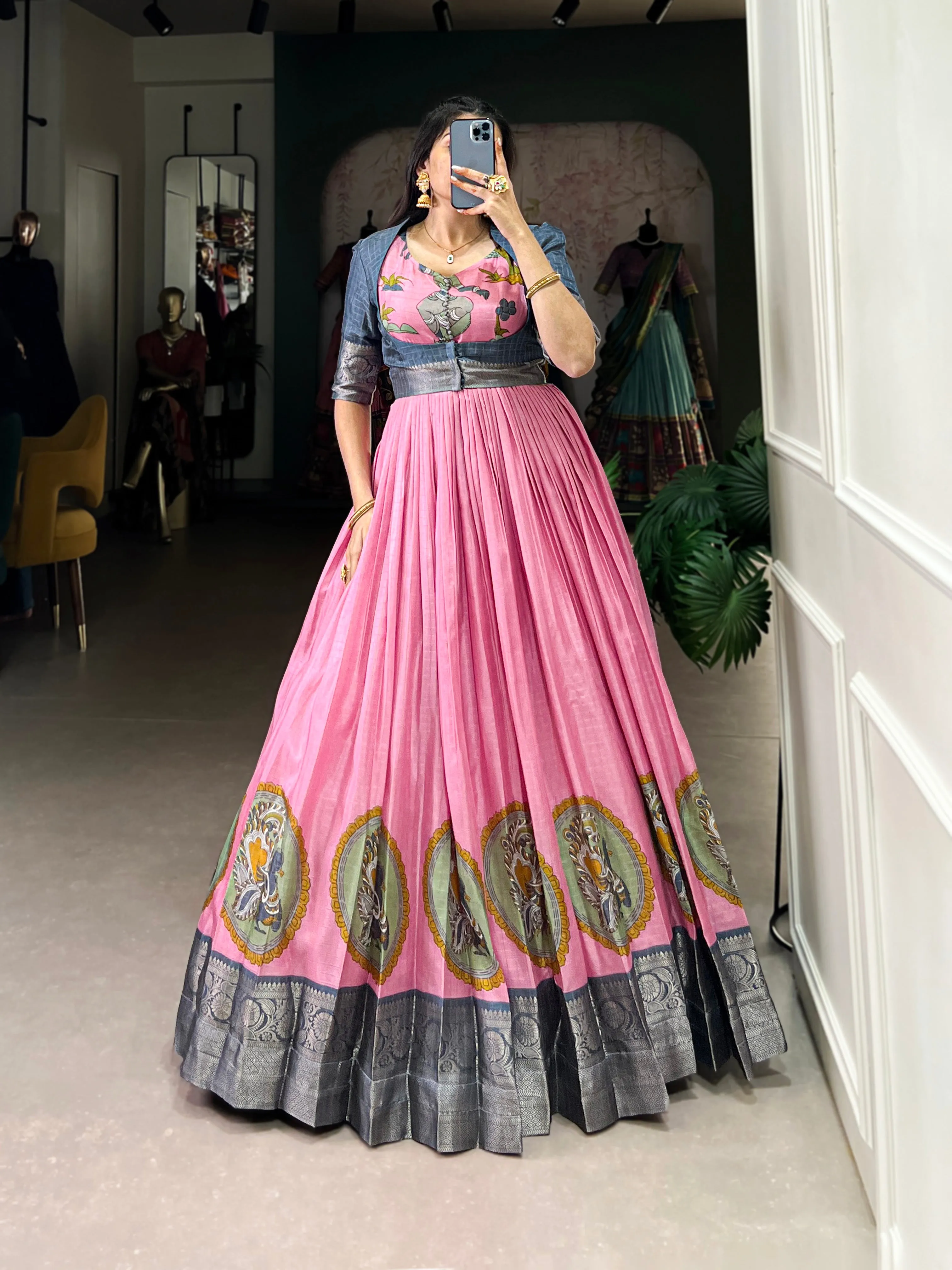 Pink Pure Dola Silk Long Kalamkari Print Readymade Gown