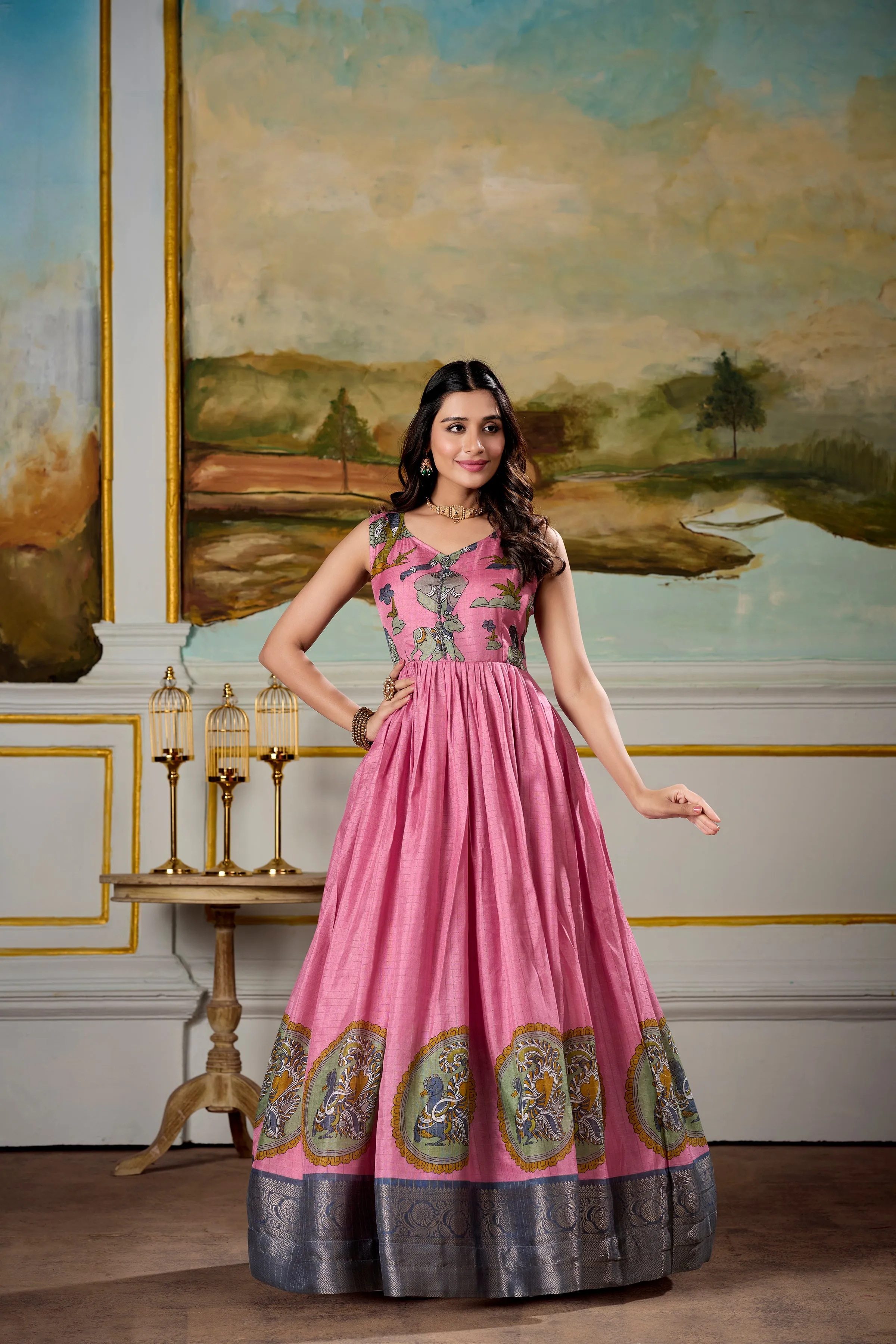 Pink Pure Dola Silk Long Kalamkari Print Readymade Gown