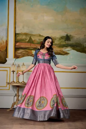 Pink Pure Dola Silk Long Kalamkari Print Readymade Gown